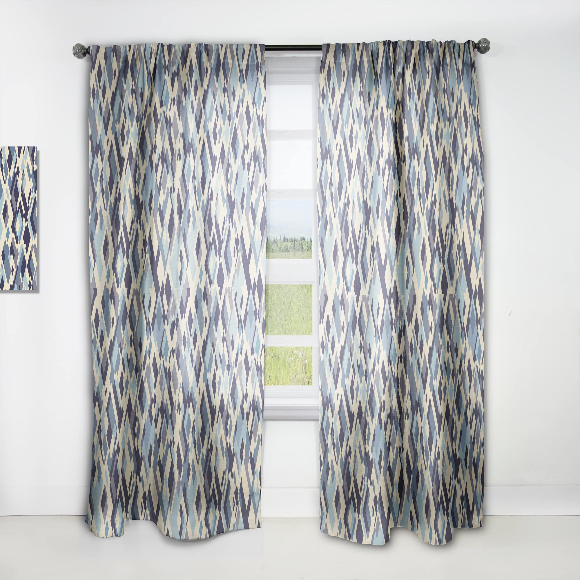 DesignQ Thermal Insulated Curtains - Single Panel 52x90 Inches - Beige & Blue Rhombus Pattern for Bedroom & Living Room - Energy Saving & Light Filtering Window Drapes