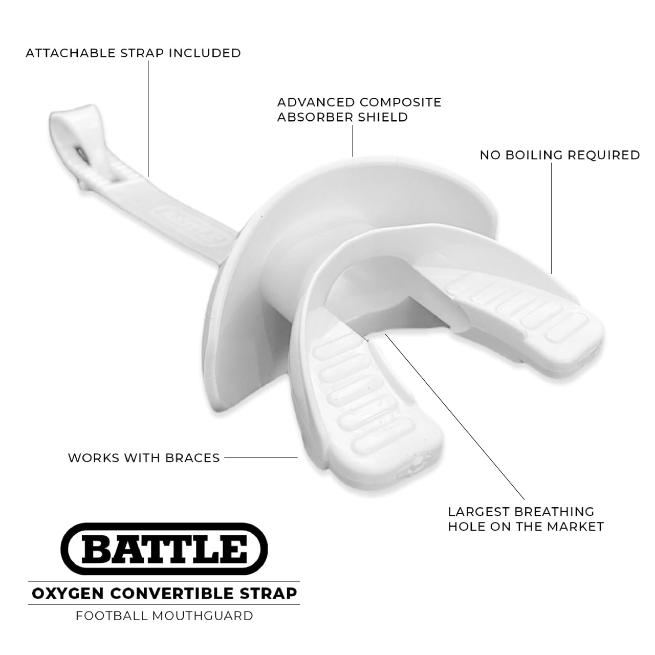Battle Sports Binky Oxygen Football Mouthguard - Detachable Strap, Maximum Breathability, Works with Braces & No Boiling Required | Perfect for Football, Rugby, Lacrosse & Contact Sports Players