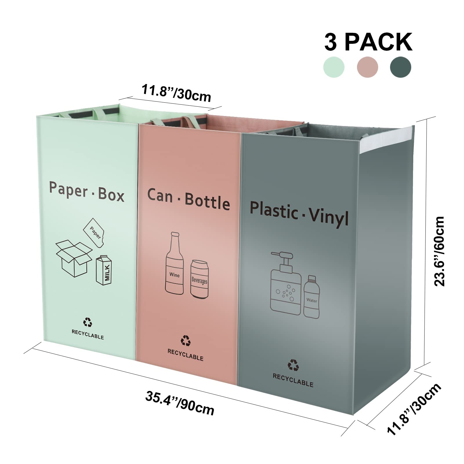 Eco-Friendly 42 Gallon Recycling Bin Bags for Kitchen & Home - Reusable Waterproof Trash Sorting Organizer (Pink, Green, Gray, Pack of 3) | Perfect for Waste Management, Composting & Sustainable Living
