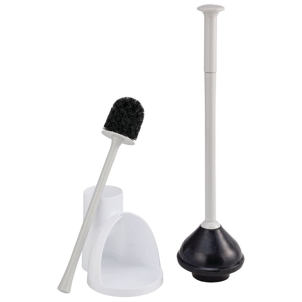 mDesign Hidden Toilet Plunger and Brush Set with Holder - Modern Bathroom Cleaning Combo for Toilet Bowl - Aura Collection in White/Light Gray - Perfect for Small Bathrooms & Tight Spaces