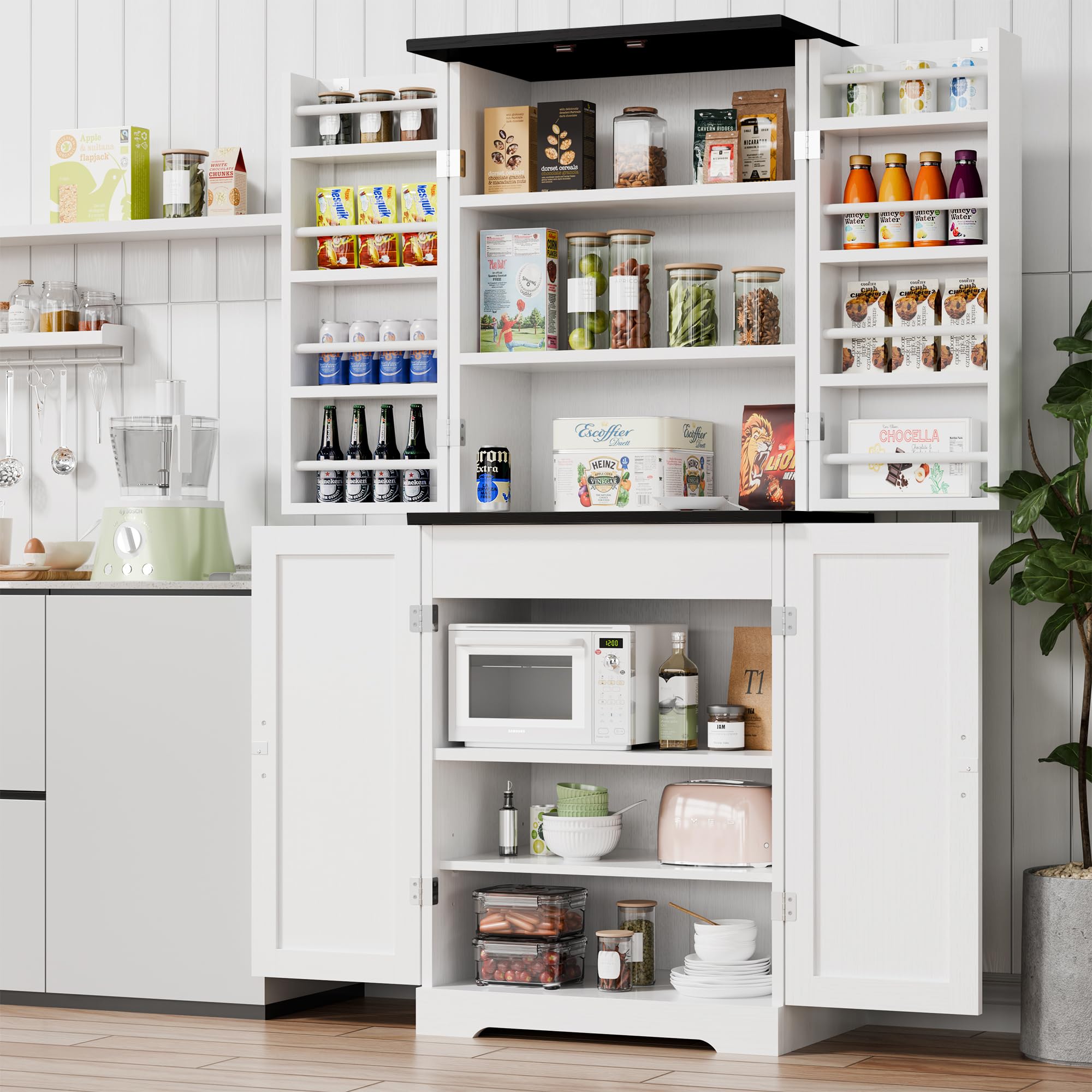 Rustic 6-Tier Wood Pantry Storage Cabinet with Barn Doors, Drawer & Adjustable Shelves - White Kitchen Cupboard for Dining Room, Living Room, Bathroom | Perfect for Organizing Spices, Dishes & Home Essentials
