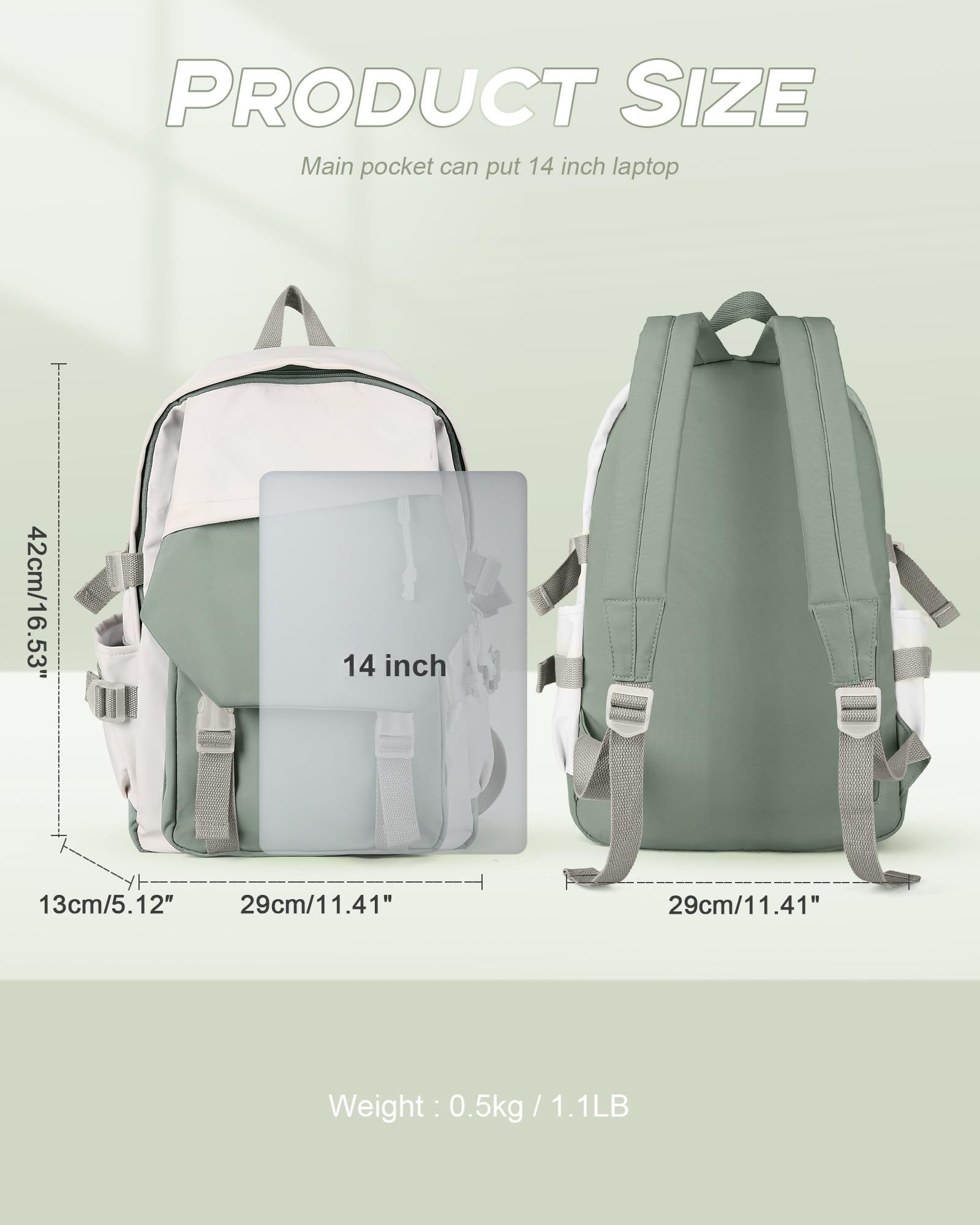 Stylish Lightweight Small Backpack for Women & Men - Aesthetic College Backpack, Travel Daypack, Hiking Backpack - Casual Preppy Design (Grey Green) - Perfect for School, Work, Outdoor Adventures & Daily Commute
