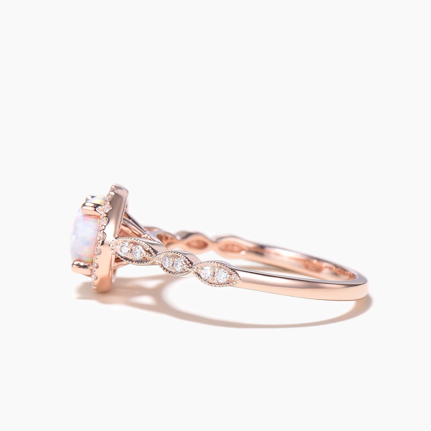 14K Rose Gold Opal Halo Engagement Ring with Moissanite Accents - Scalloped Milgrain Wedding Band for Women, Anniversary Gift for Her, Perfect for Proposals, Weddings & Special Occasions