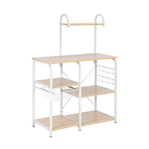 35.5 Inch Light Beige Kitchen Baker's Rack - 4-Tier Microwave Stand with 10 Hooks & Spice Rack Organizer - Sturdy Utility Storage Shelf for Small Spaces, Pantry Organization & Kitchen Workstation