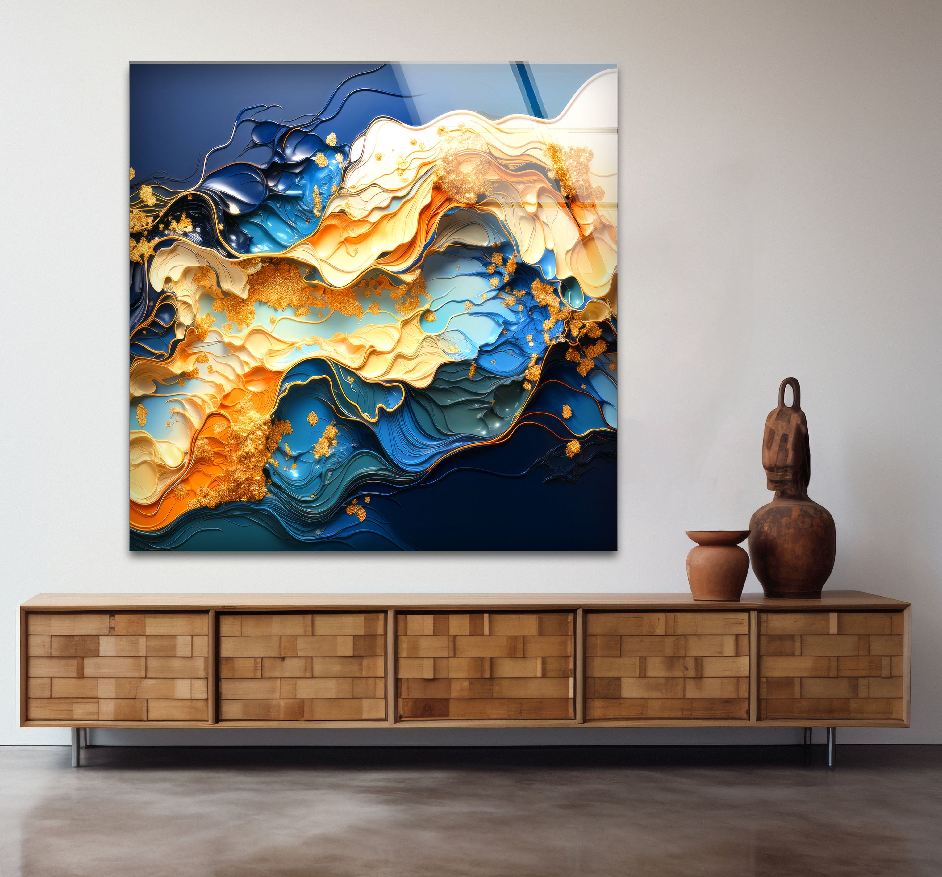 Blue Gold Abstract Wave Wall Art - Modern Fluid Glass Print for Home & Office Decor | Elegant Interior Design for Living Room, Bedroom & Office Spaces