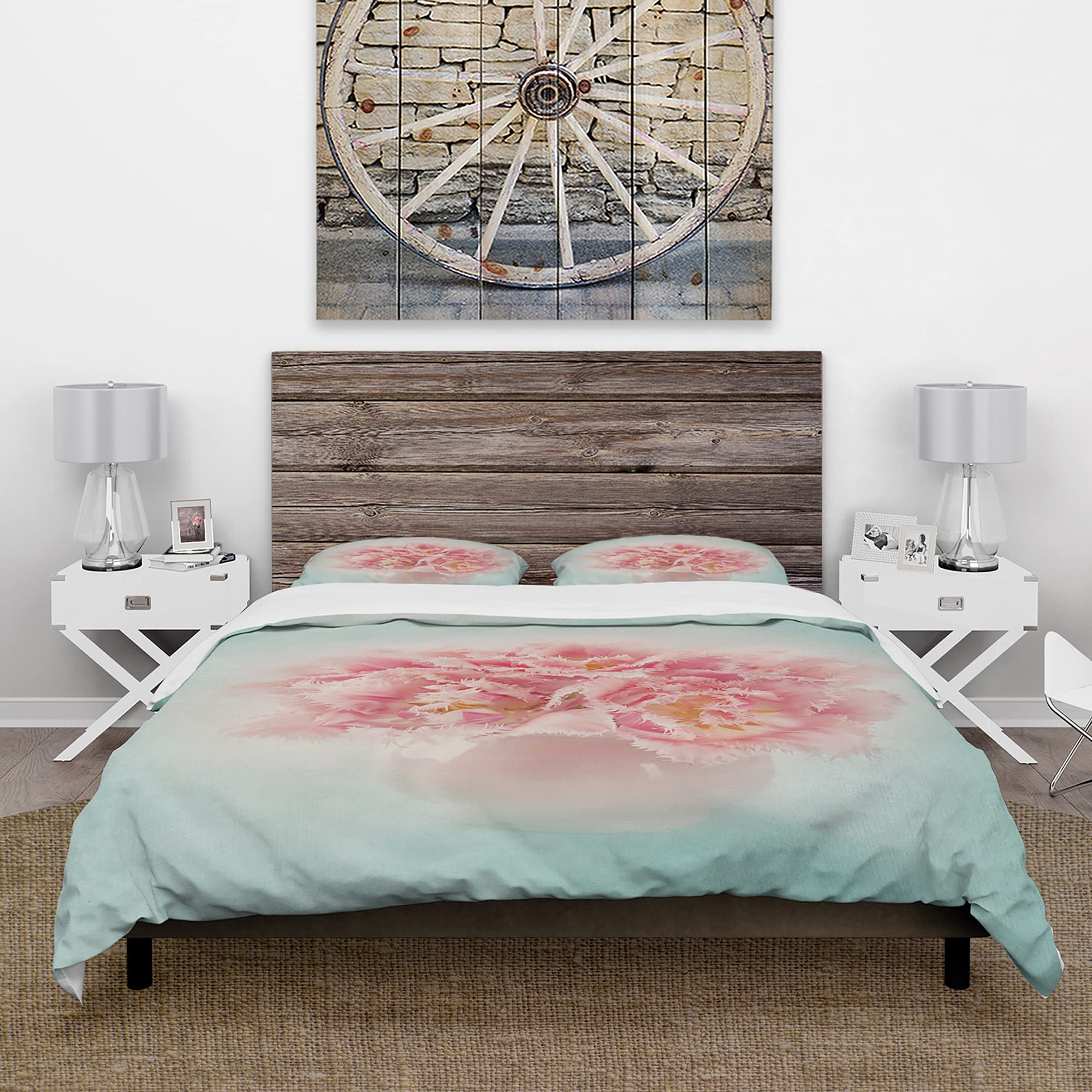 Pink Tulips in Vase Nautical Coastal Duvet Cover Set King Size - 3 Piece Floral Bedding Collection for All Seasons | Perfect for Beach House, Coastal Decor & Master Bedroom
