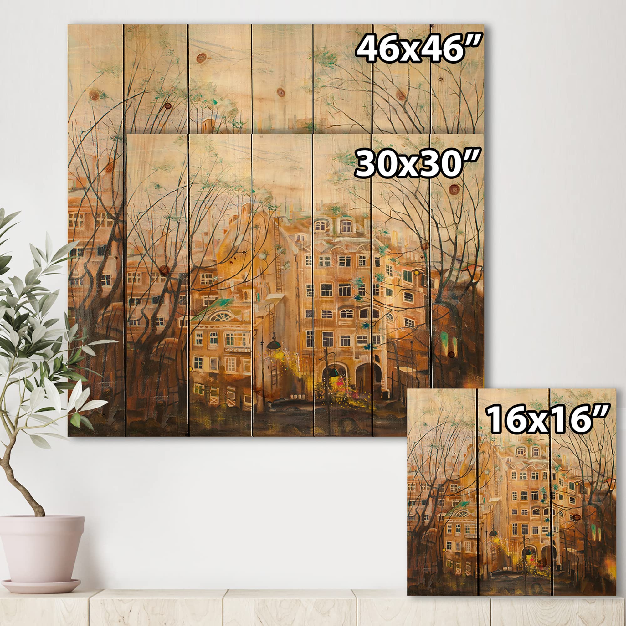 DesignQ Russian City Yard Traditional Wood Wall Decor - Large Beige Wood Wall Art with Cityscapes Printed on Natural Pine - Perfect for Living Room, Bedroom & Office Decor