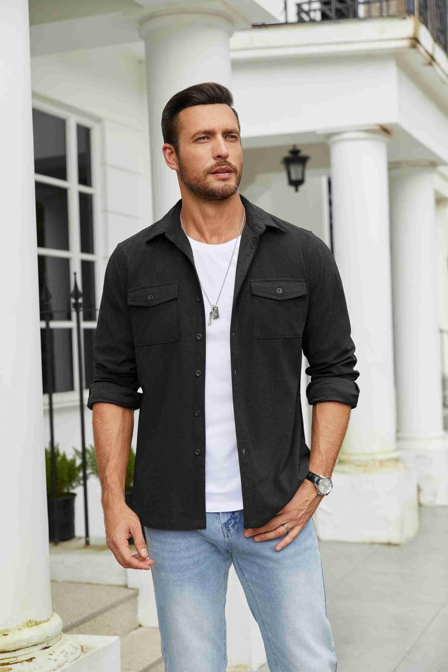 COOFANDY Men's Button Down Waffle Shirt Jacket - Casual Long Sleeve Lightweight Shacket with Flap Pockets | Perfect for Fall Layering, Outdoor Adventures & Smart Casual Outfits