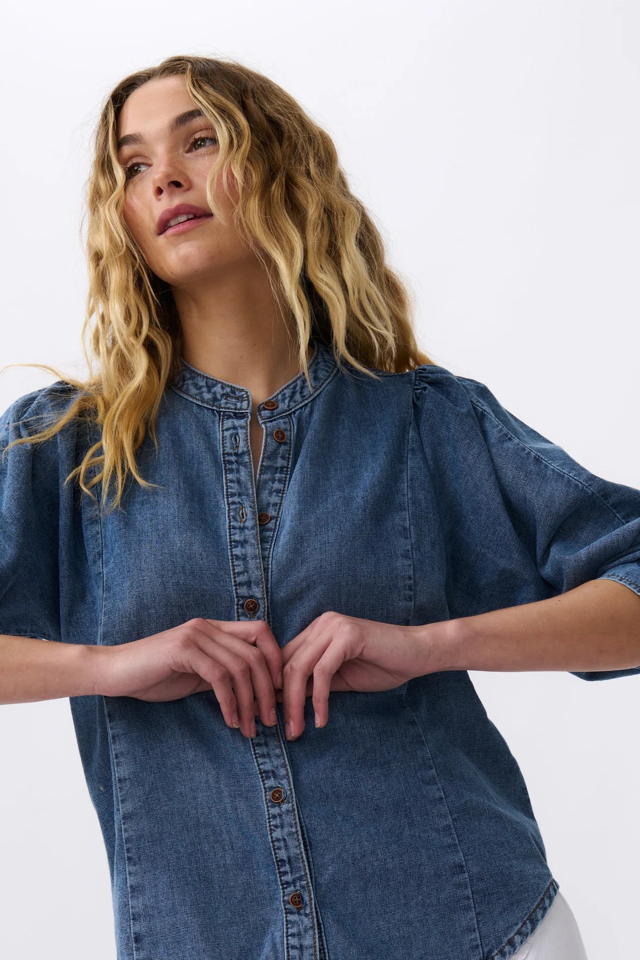 Kireina Isla Shirt - Women's Baja Blue Denim Button Down Top for Casual Wear & Beach Outfits