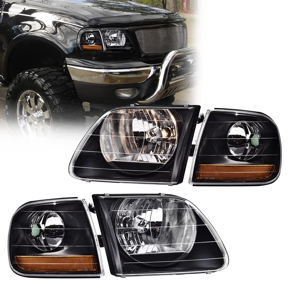 CNNELL Headlight Assembly for Ford Expedition F150 - Clear Lens Black Housing - Amber Reflector - Off-Road & Night Driving