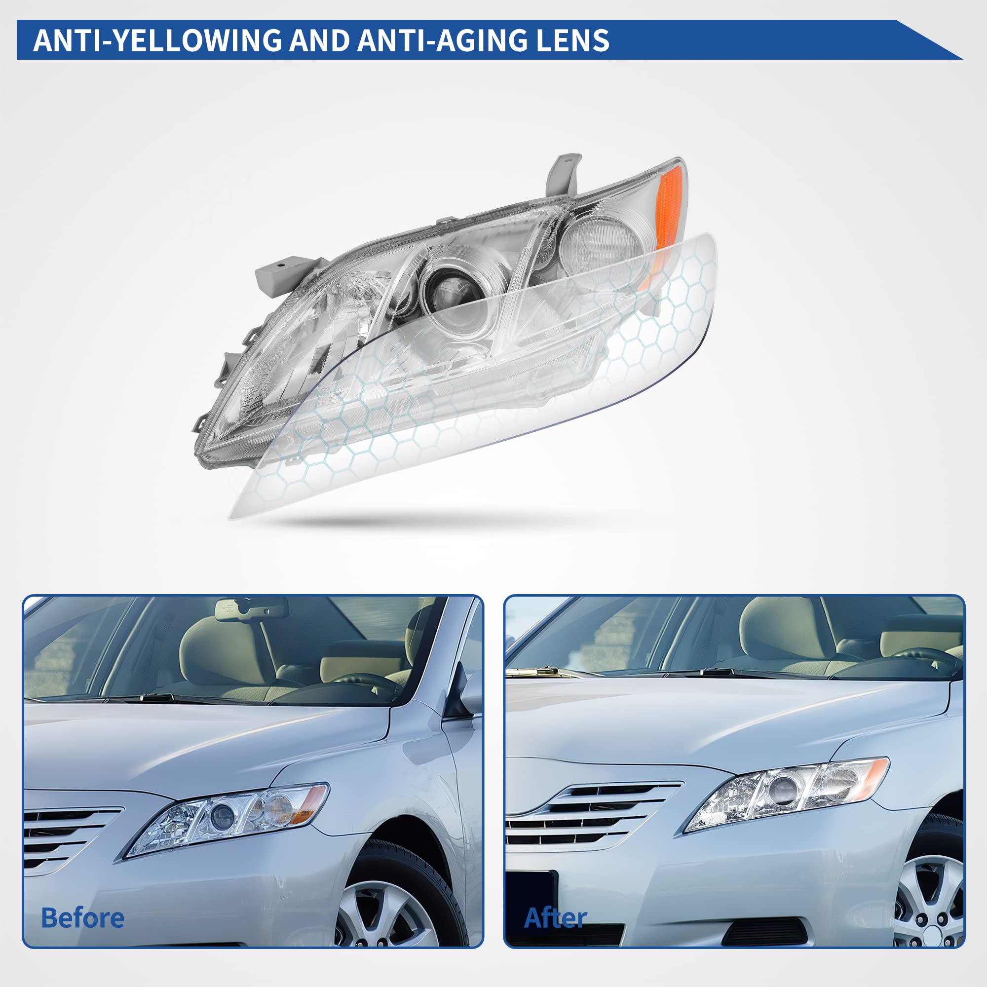 oEdRo Headlight Assembly Compatible with 2007-2009 Toyota Camry - Amber Reflector, Clear Lens, Chrome Housing - Perfect for Night Driving & Car Upgrades