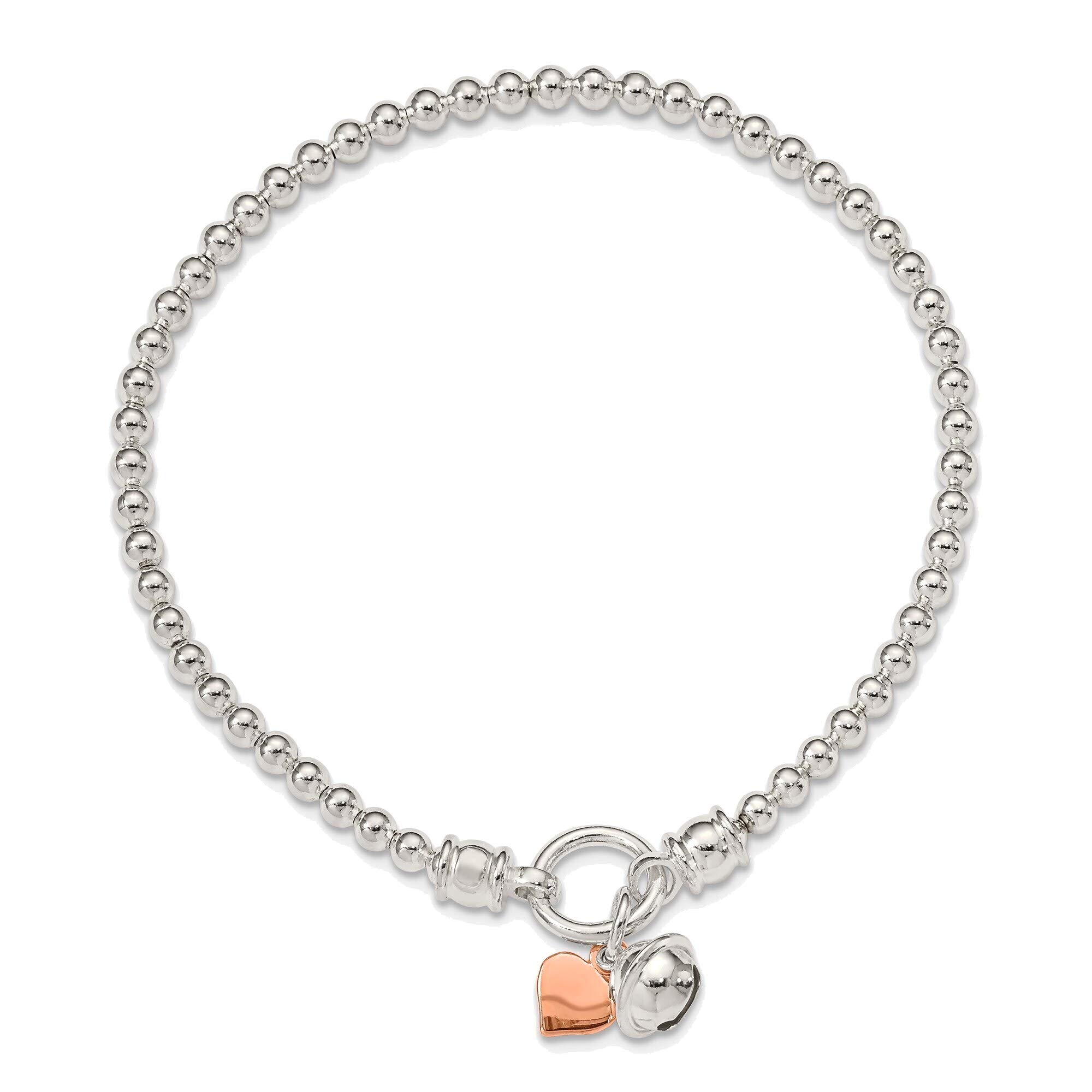 Elegant Solid Sterling Silver Rose-Tone Heart & Bell Stretch Bracelet | Romantic Jewelry Gift for Women | Perfect for Valentine's Day, Anniversaries & Special Occasions
