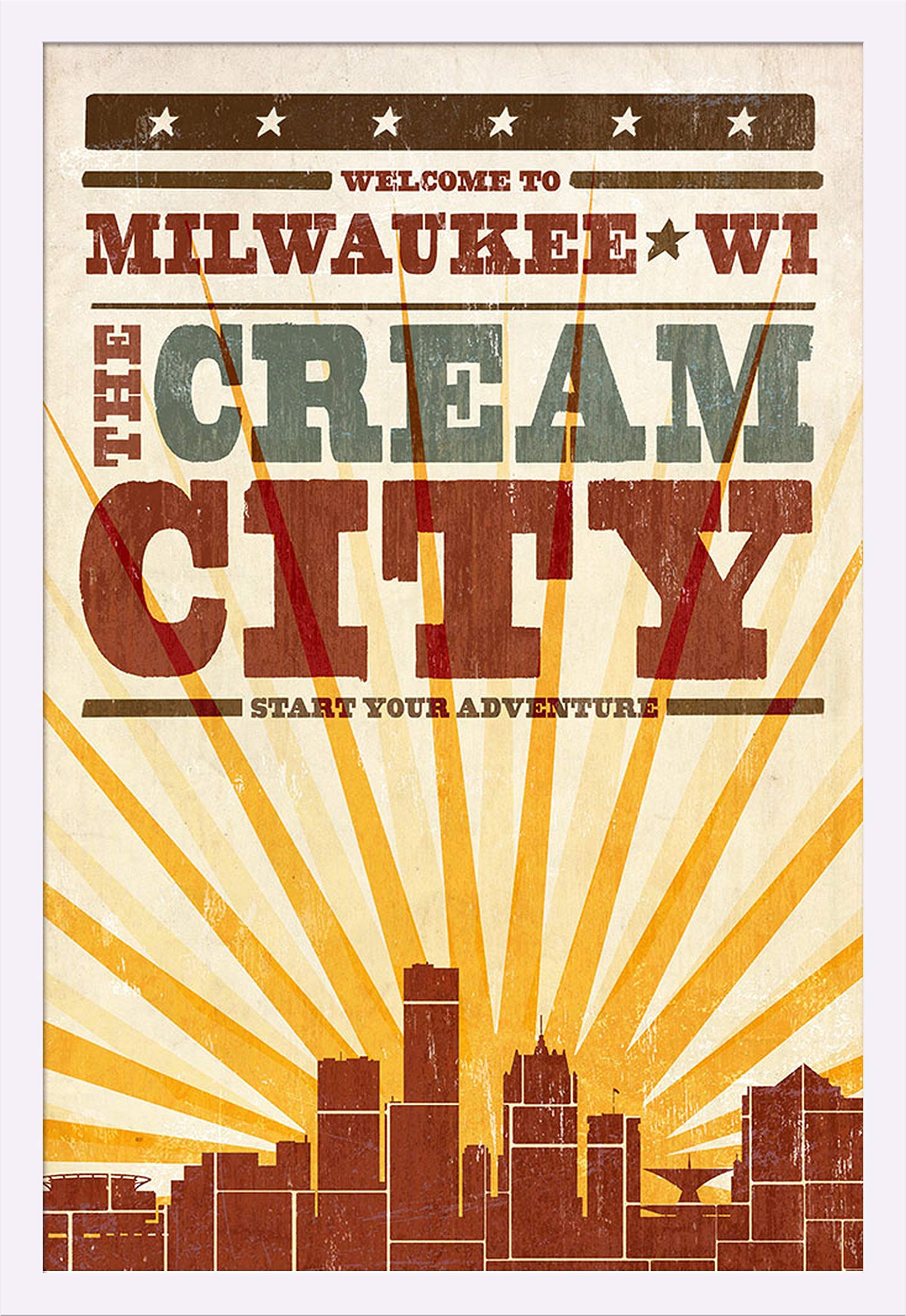 Milwaukee Wisconsin Skyline & Sunburst Screenprint Art - 24x36 Giclee Print with White Wood Gallery Frame - Perfect for Home Office Decor & Midwest Wall Art