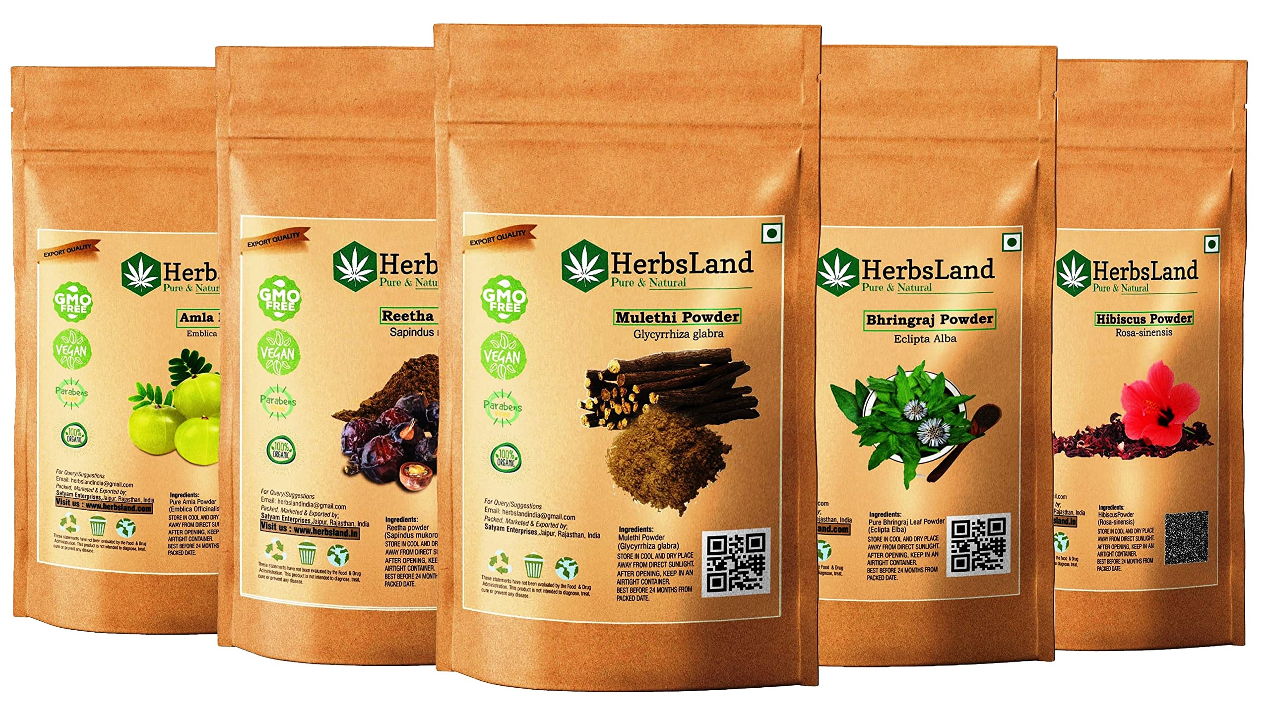 HerbsLand® Pure Bio Organic Amla Reetha Mulethi Bhringraj Hibiscus Powder for Hair Growth & Anti-Dandruff Treatment | Natural Ayurvedic Hair Care Shampoo (70g x 5 Packs, 350g Total) | Promotes Stronger, Longer Hair & Scalp Health for Men & Women