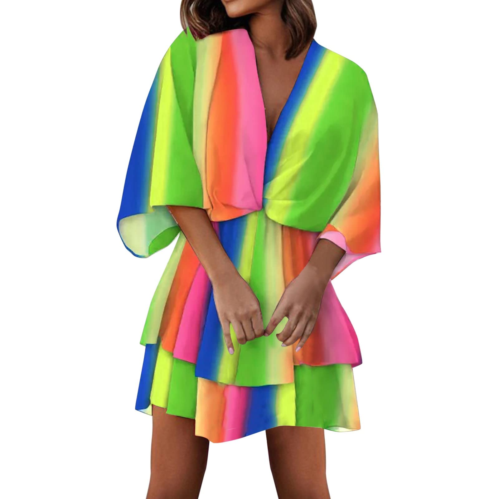 YOYORI Women's Short A-Line Flare Dress with Knot Front, Long Sleeve V-Neck, Tiered Ruffle Swing Mini Dress - Color Printed, Pockets - Green, Size S | Casual Wear, Party Outfit, Office Dress, Spring & Summer Fashion
