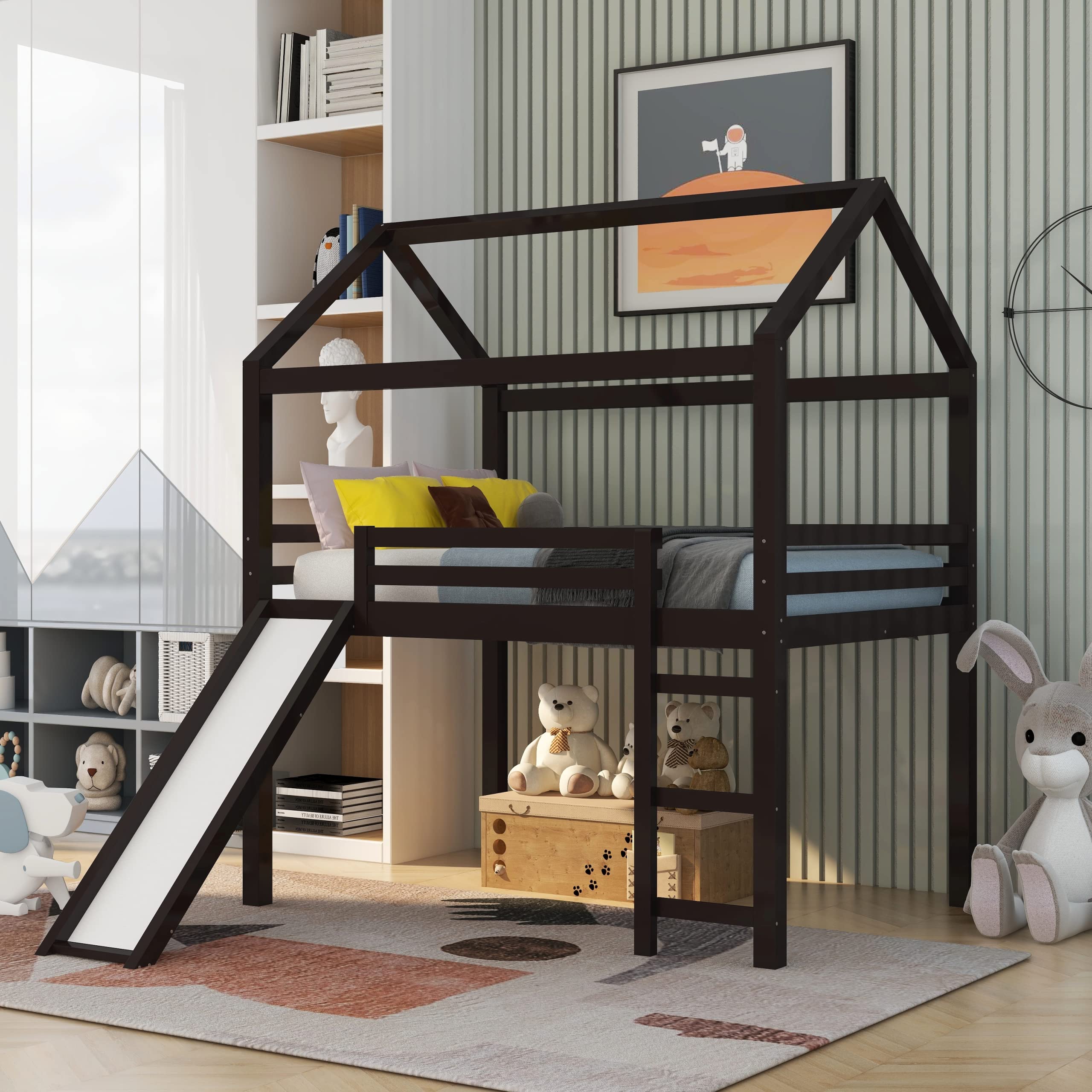 **Harper & Bright Designs Full Size Loft Bed with Slide - Solid Wood Kids House Bed Frame for Girls & Boys in Espresso - Perfect for Playrooms, Bedrooms & Small Spaces**