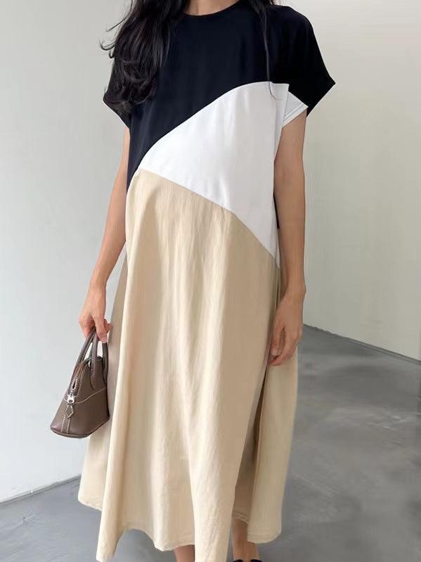 Lovevop Women's Contrast Paneled Loose Fit Casual Dress - Flowy Comfort for Summer Outings, Beach Wear & Everyday Fashion