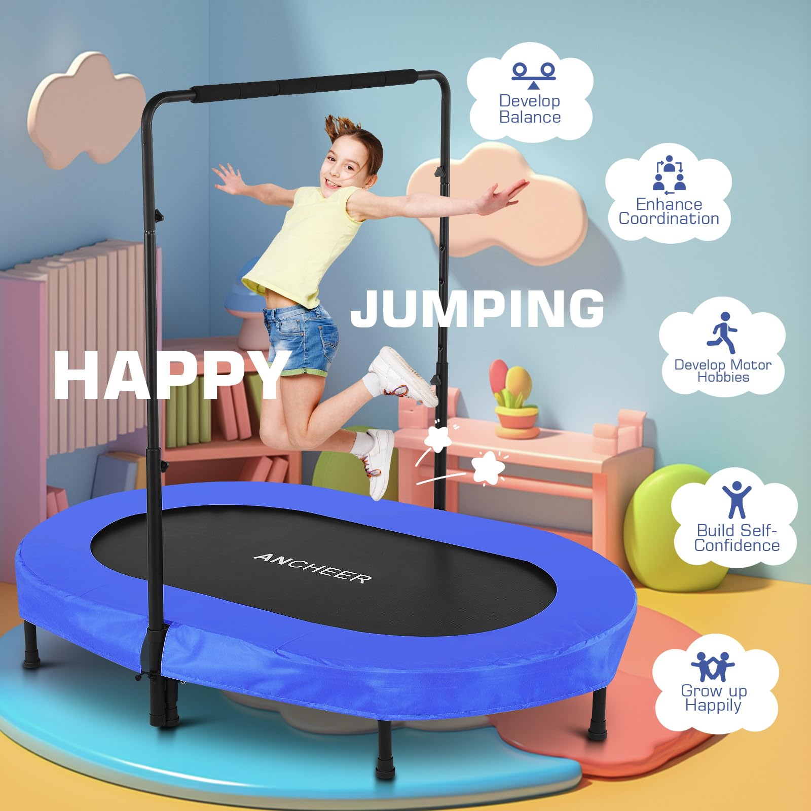 ANCHEER Foldable Mini Trampoline with Adjustable Handle - 220lbs Capacity Rebounder for Cardio, Indoor Exercise & Outdoor Fitness - Perfect for Home Gym, Garden Workouts & Parent-Child Fitness Activities