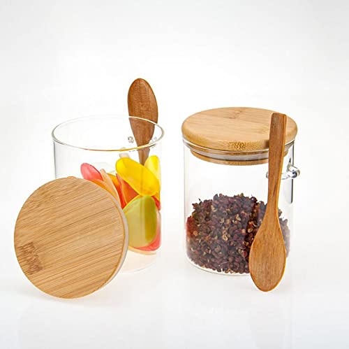 Premium Glass Sugar Bowl & Spice Jar with Wooden Lid & Spoon - Airtight Food Storage Container for Kitchen, Pantry, Coffee & Tea Station - Perfect for Sugar, Spices, Coffee, Tea & Baking Ingredients