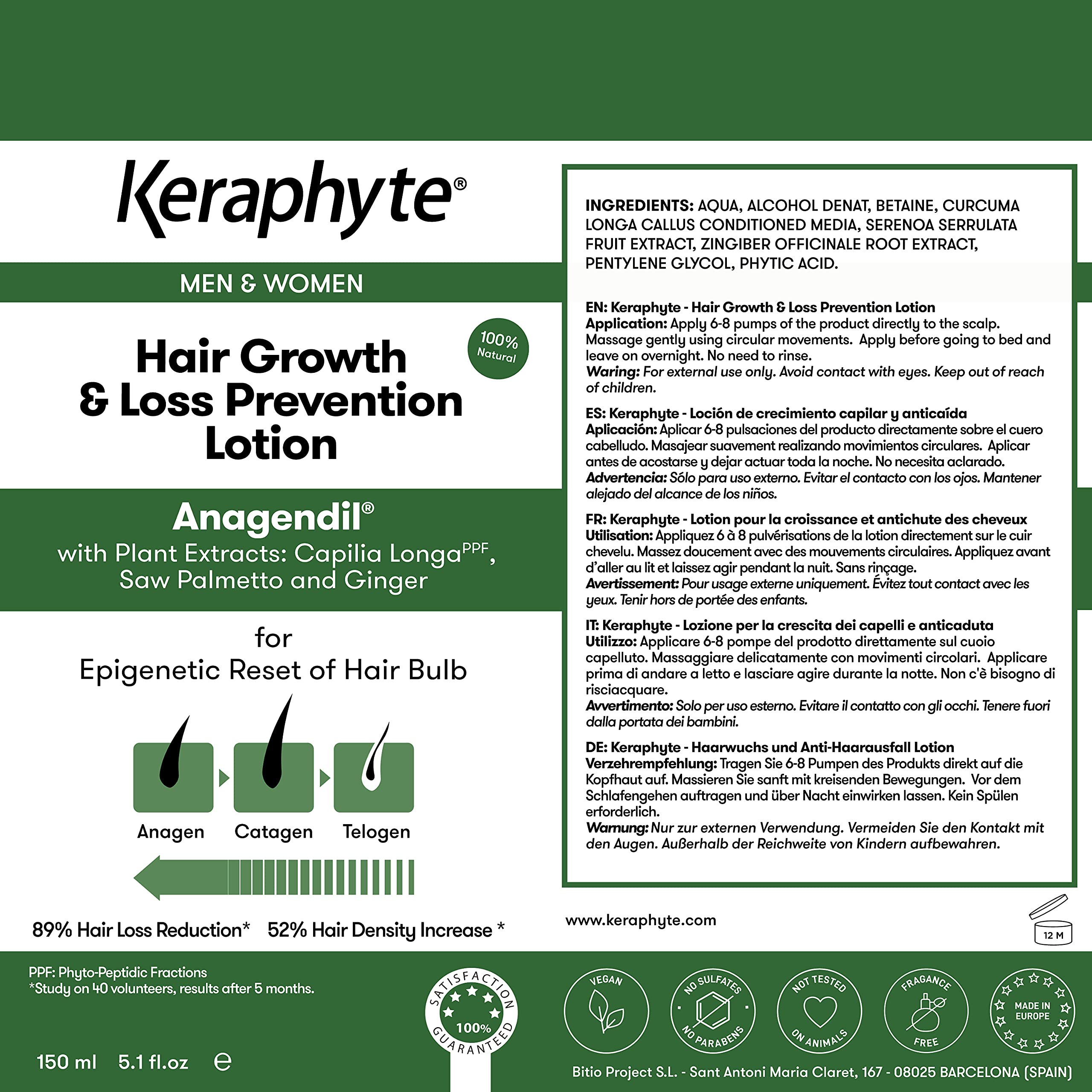 Keraphyte Hair Growth & Loss Prevention Lotion - 100% Natural Treatment for Thicker Hair | Sulfate-Free, Paraben-Free, Fragrance-Free Formula | Promotes Hair Density & Scalp Health | Perfect for Daily Use at Home or Salon