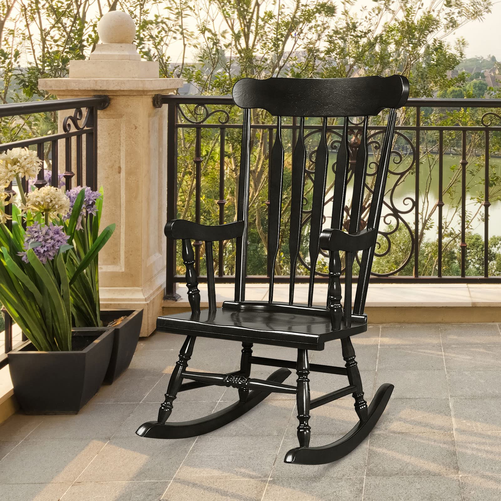 Tangkula Solid Rubber Wood Patio Rocking Chair - Outdoor Porch Rocker with Durable Wood Frame - Indoor/Outdoor Wooden Rocking Chair for Garden, Backyard, Balcony & Living Room (Black) - Perfect for Relaxing, Reading & Enjoying Nature