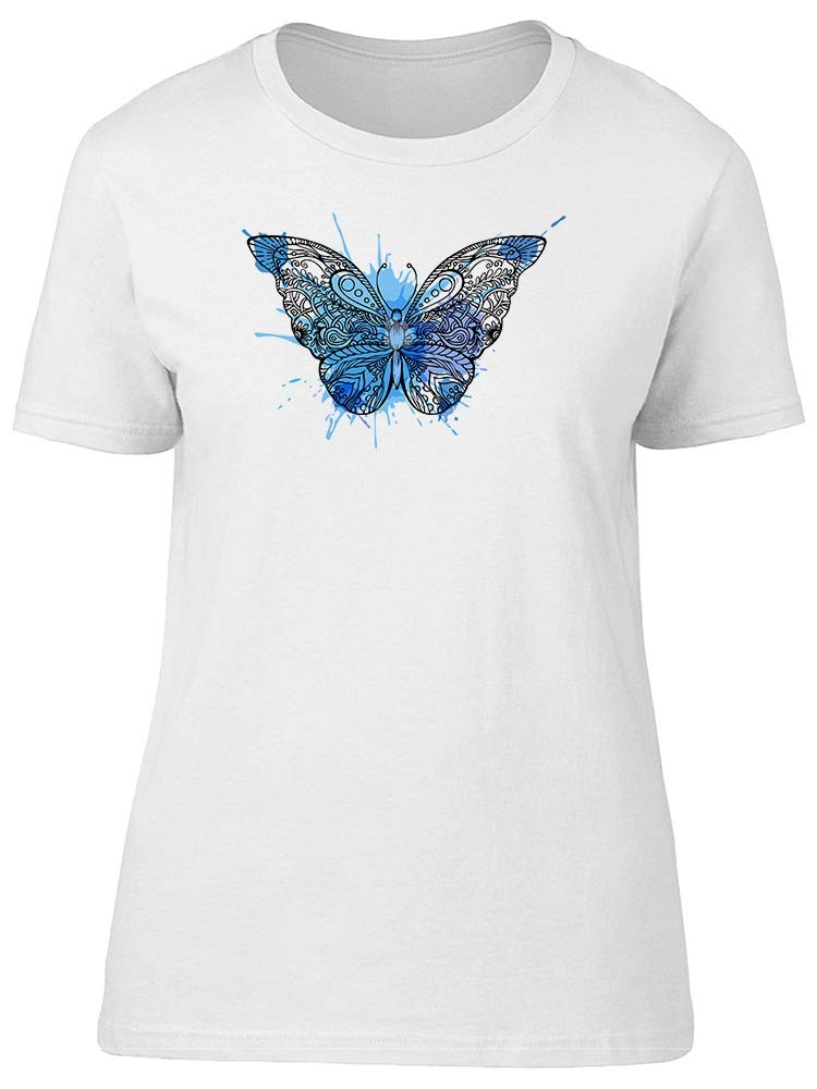 Women's Summer Blue Watercolor Butterfly T-Shirt - Soft Cotton Casual Tee for Outdoor Activities, Travel & Everyday Wear
