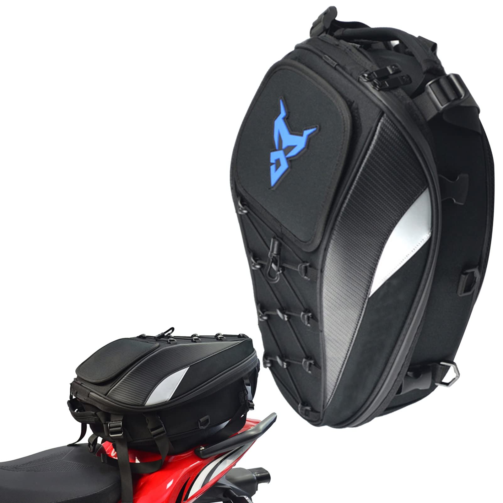 APLLEN Waterproof Motorcycle Tail Bag - Durable Seat Pack & Luggage Storage for Motorbikes | Hard Shell Helmet Bag & Travel Backpack (Blue) | Perfect for Commuting, Road Trips & Adventure Riding