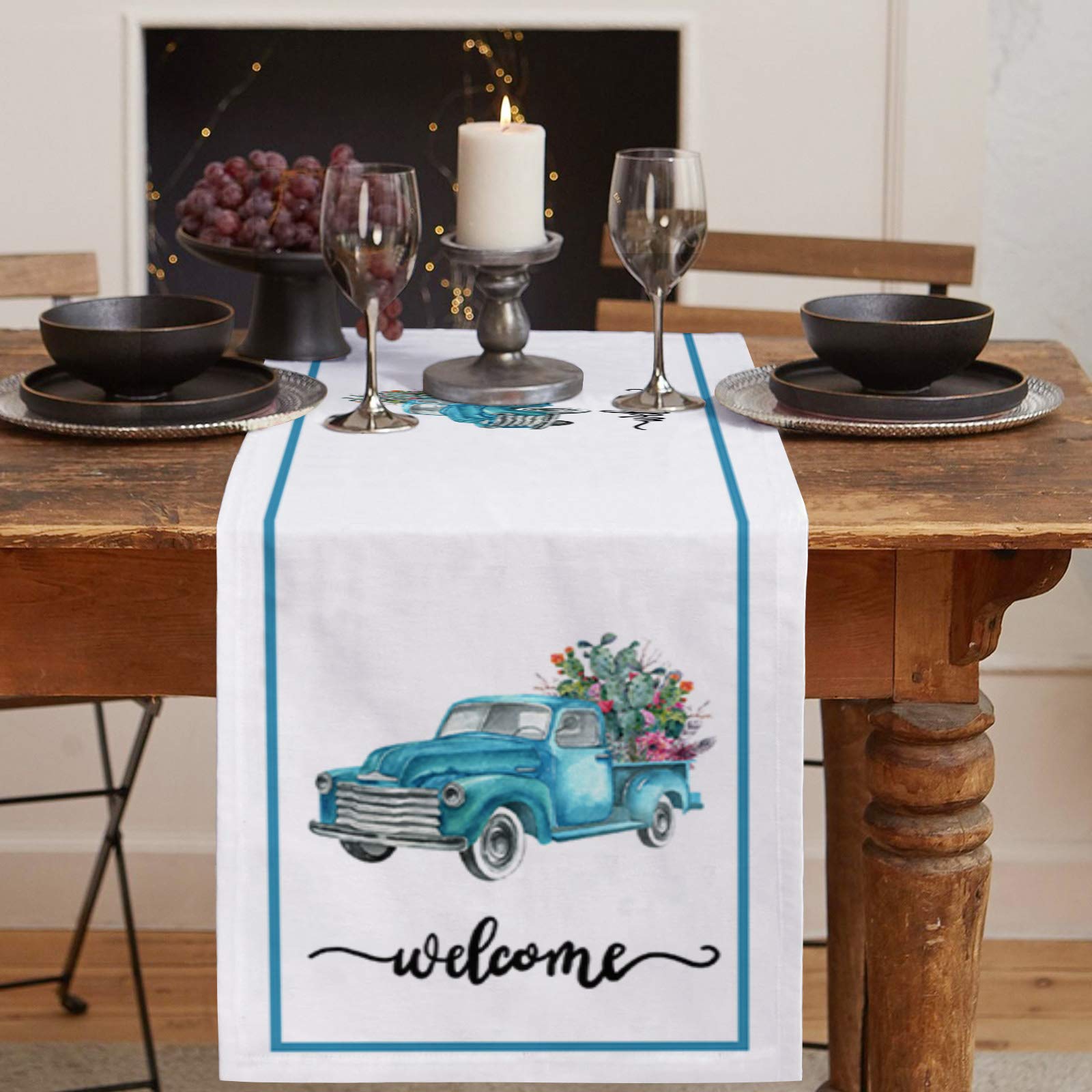 120 Inch Blue Summer Truck with Cactus Burlap Linen Table Runner - Farmhouse Kitchen Dining Decor for Coffee Table, Party & Banquet | Rustic Welcome Sign for Home, Tropical White Dresser Scarf