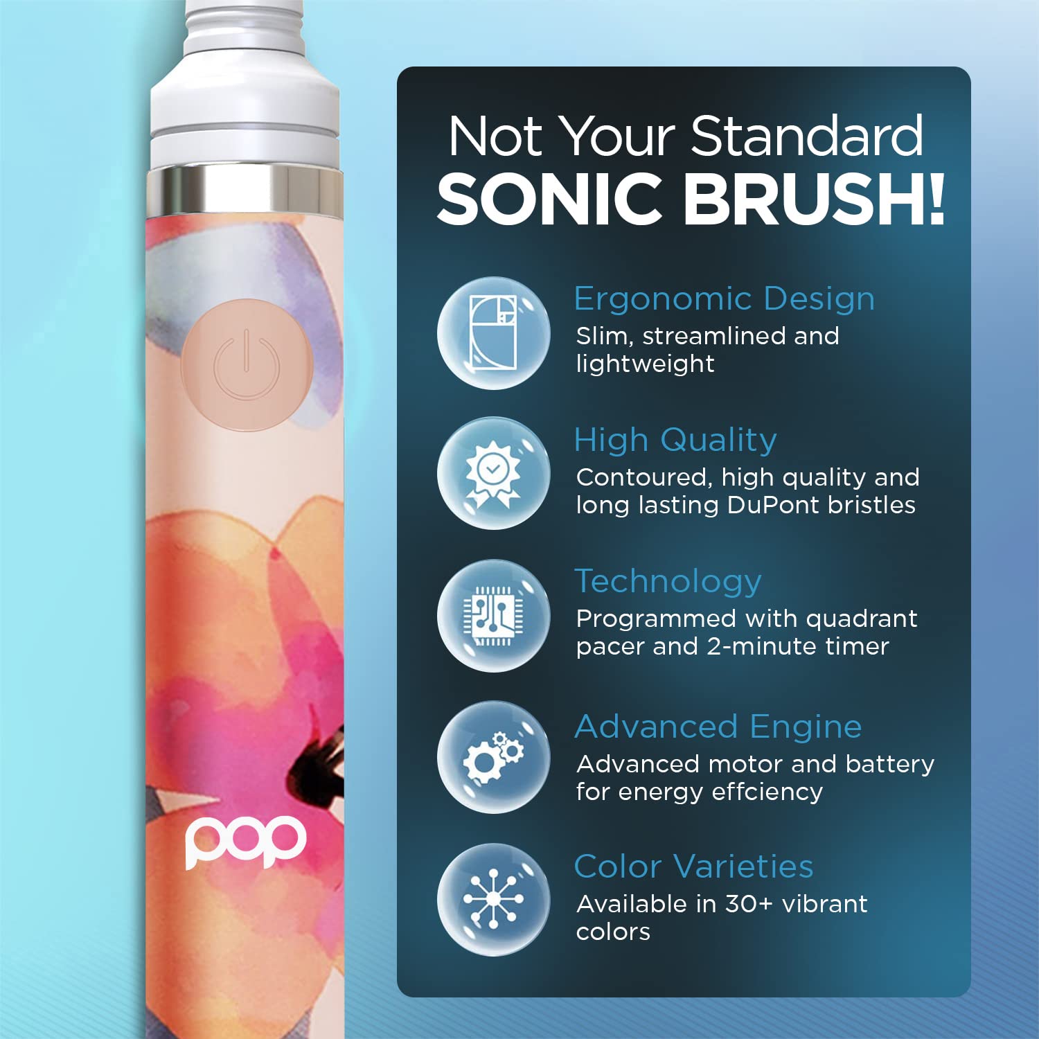 Pop Sonic Electric Toothbrush for Kids & Adults - Pink Watercolor Travel Toothbrush with 2 Speed Modes (15,000-30,000 RPM), DuPont Nylon Bristles, AAA Battery Powered - Perfect for Home, Travel & Daily Oral Care