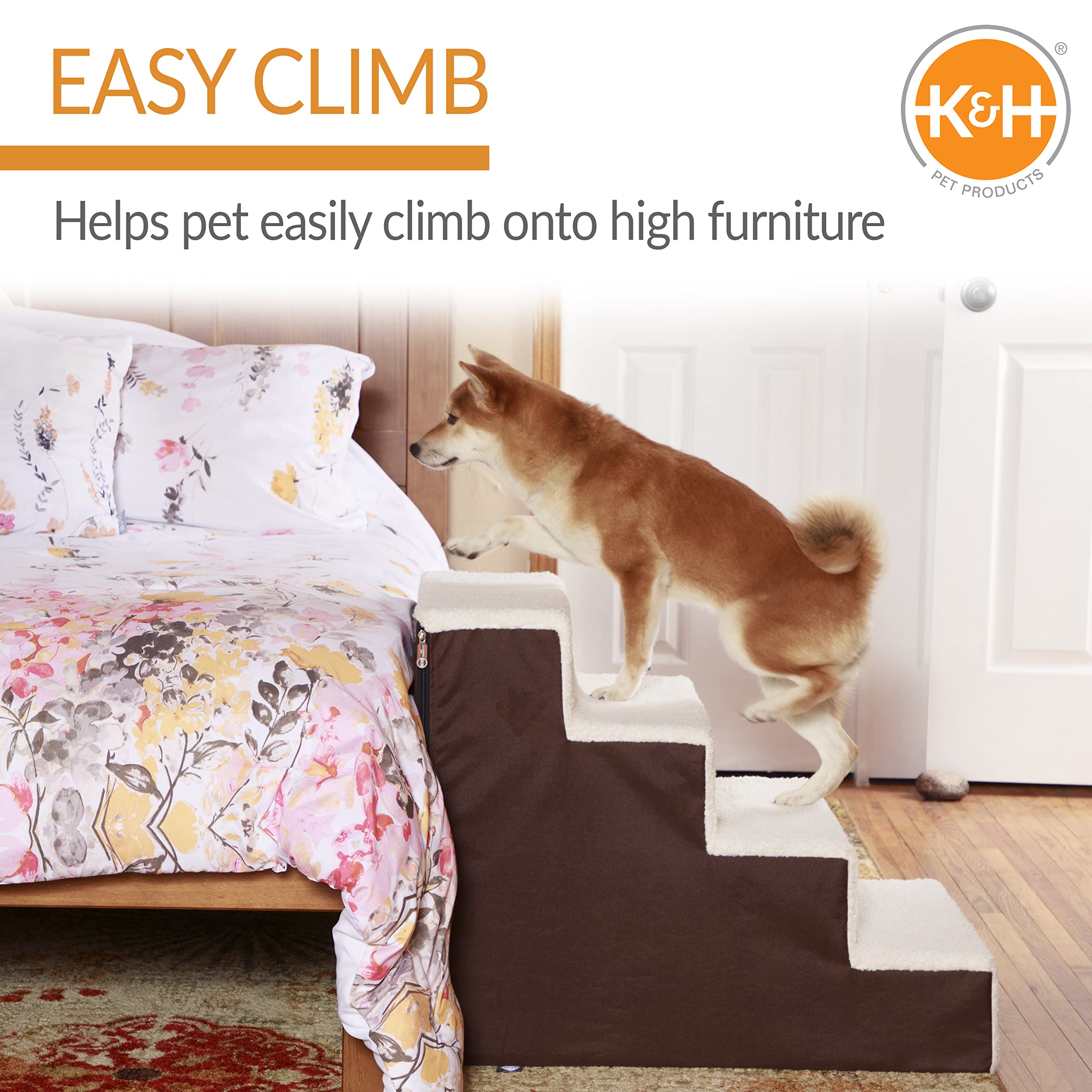 K&H Pet Products Portable Lightweight Dog Stairs - 4 Step Pet Steps for High Beds, Sofas & Cars - Chocolate Brown Fleece Cover - Perfect for Small & Senior Dogs