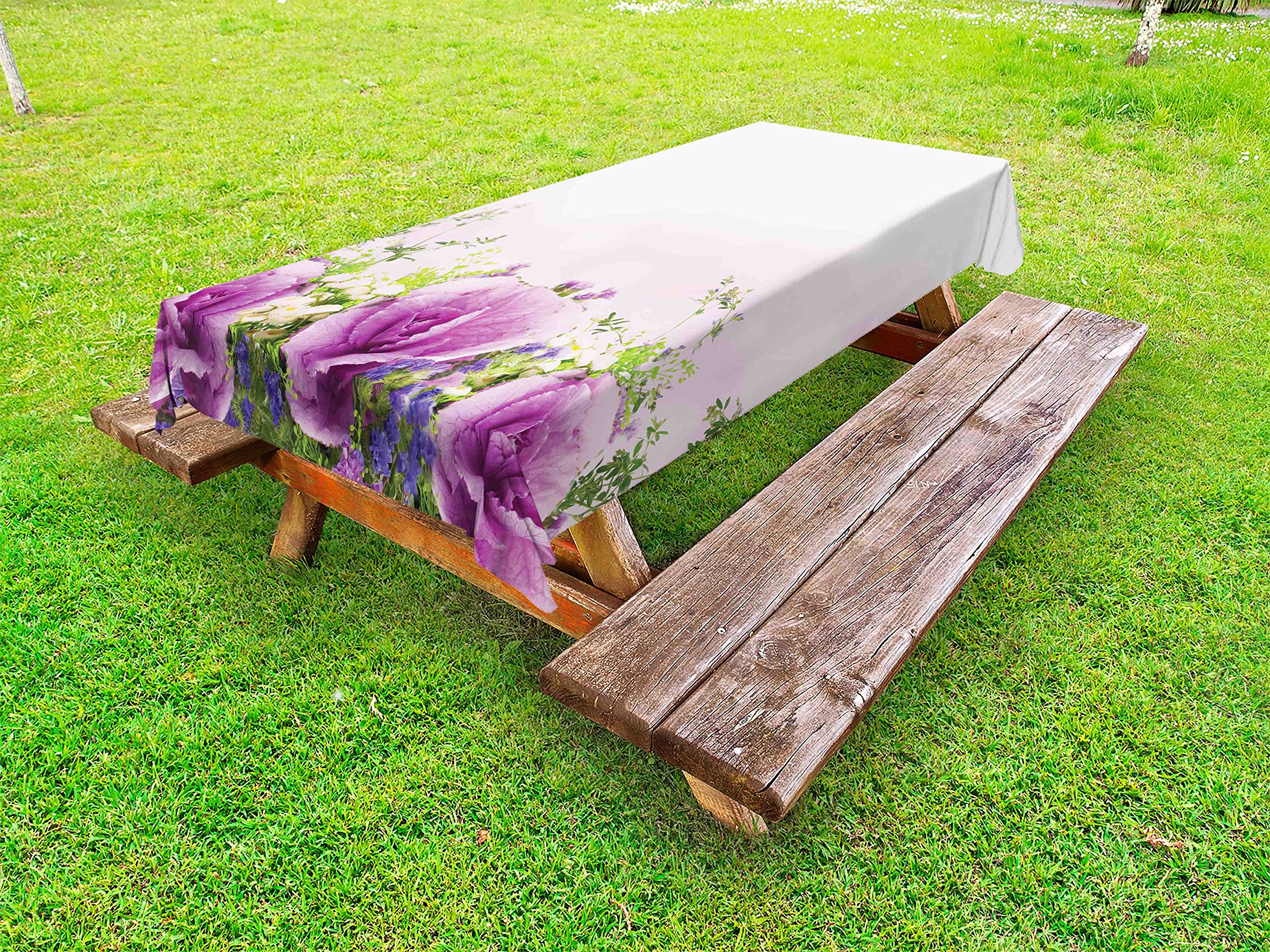 Ambesonne Floral Outdoor Tablecloth - Spring Cabbage Flowers Design, Washable Picnic Table Cover 58x120 Inches, Lavender Green | Perfect for Garden Parties, Outdoor Dining & Picnics
