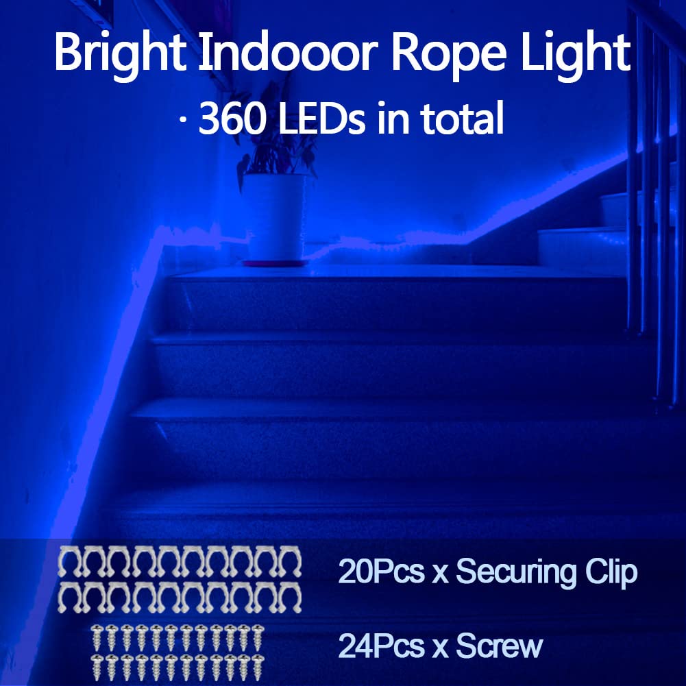 33FT 360 LED Rope Lights Outdoor Waterproof - 110V Connectable Blue String Lights with Clear PVC Jacket - Energy Efficient Decorative Lighting for Camping, Patio, Deck, Porch, Christmas, Garden & Party Decorations (Blue)