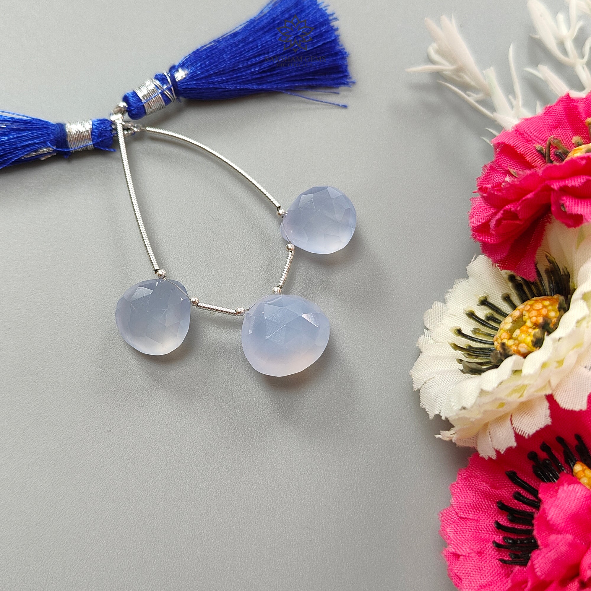 Natural Blue Chalcedony Faceted Loose Beads - 33.80cts Untreated Gemstone, 925 Silver Heart Checker Cut Briolette (10mm-14mm) for Jewelry Making, DIY Crafts & Healing Crystal Bracelets