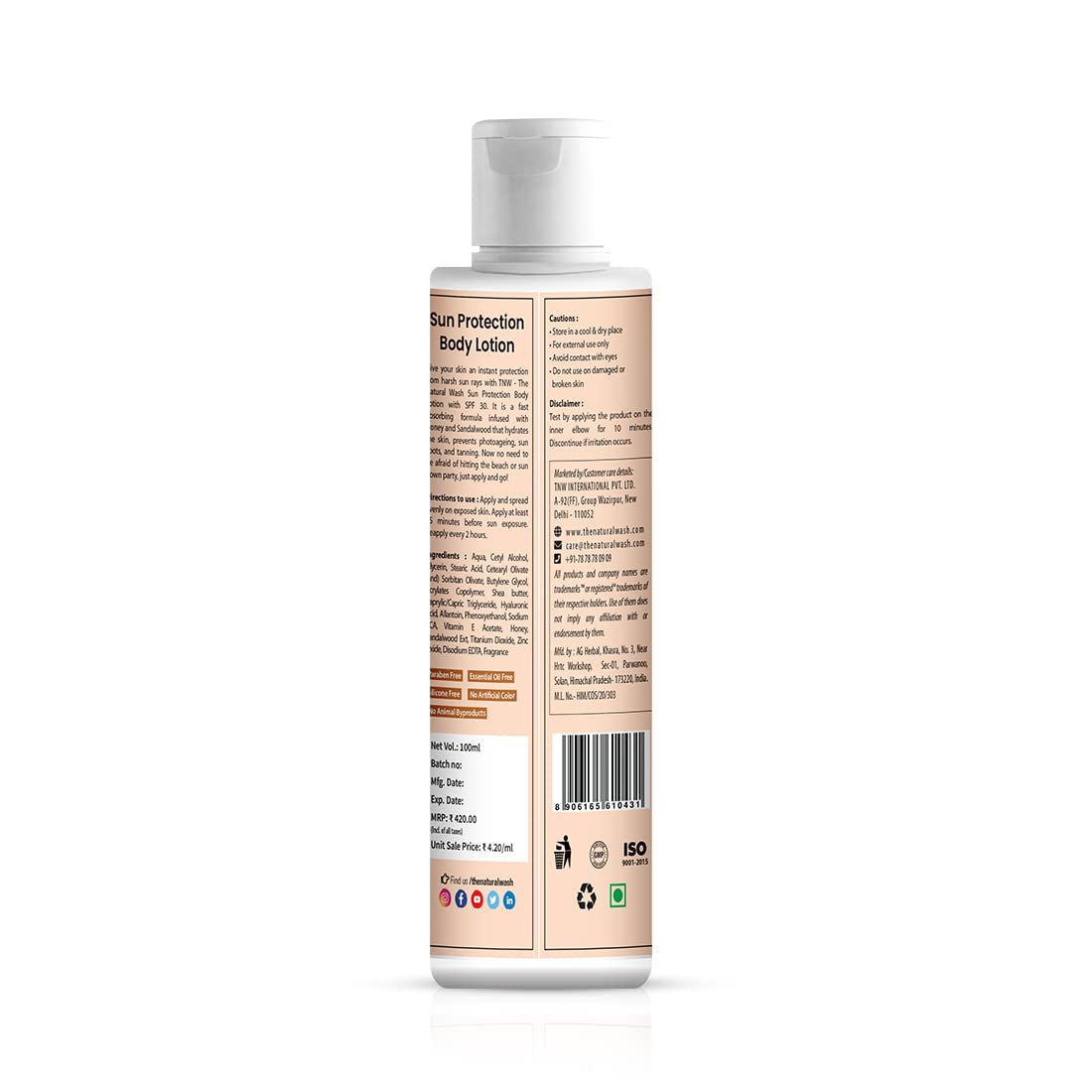 TNW - The Natural Wash SPF 30 Sun Protection Body Lotion with Sandalwood & Honey | 100ml | Moisturizing & UV Protection for Outdoor Activities, Beach & Daily Use