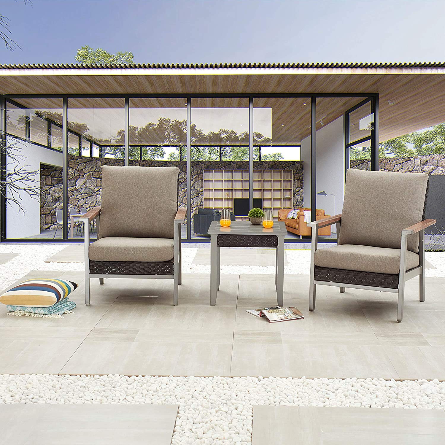 LOKATSE HOME 3-Piece Patio Furniture Set - Wicker Rattan Chairs with Coffee Table, Metal Frame & Cushions for Outdoor Dining - Dark Grey Bistro Set for Backyard, Porch, Balcony, Garden or Poolside Relaxation