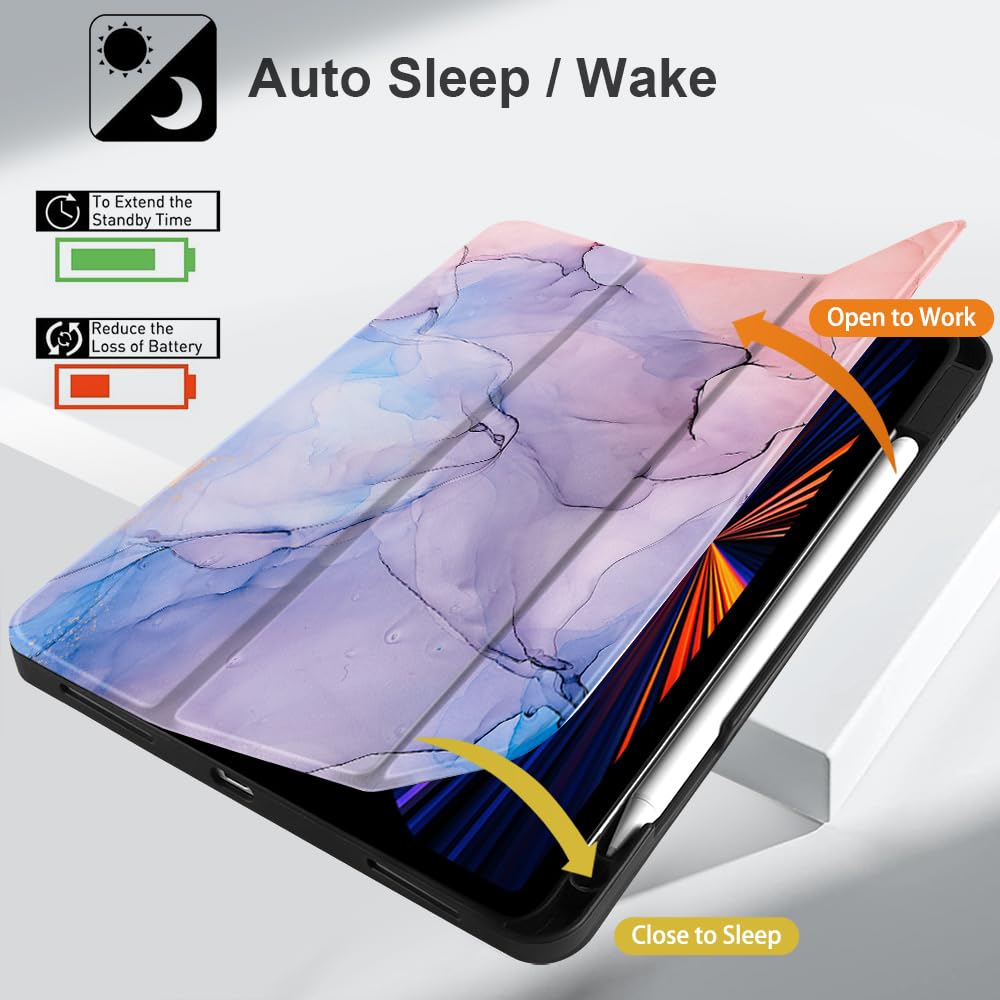 Shockproof iPad Pro 12.9 Case for M2/M1 (6th/5th/4th/3rd Gen 2022-2018) - Protective Tablet Cover with Pencil Holder, Trifold Stand & Soft TPU Back - Abstract Marble Design | Perfect for Work, Travel & Home Use