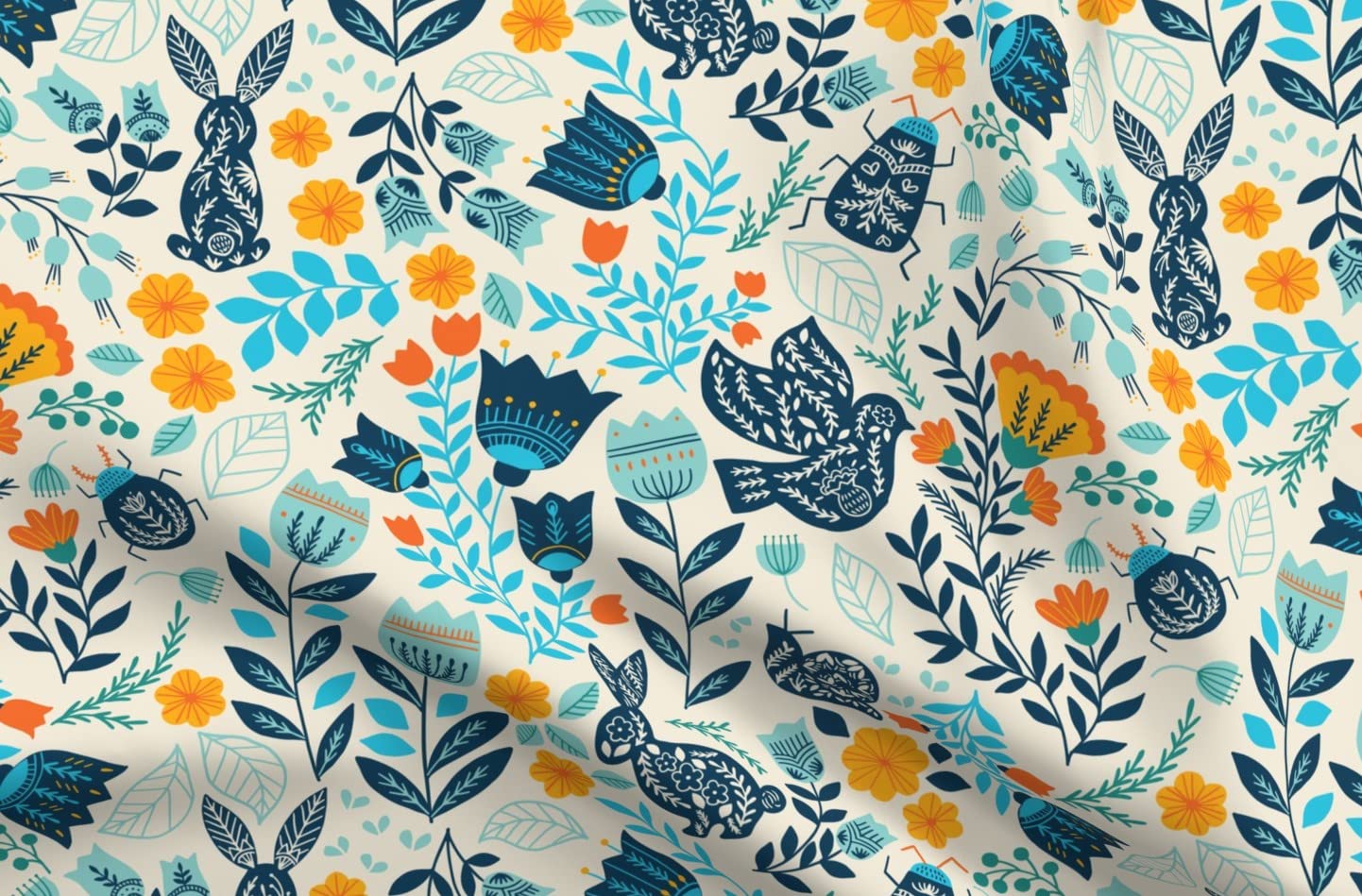 Love Garden Blue Floral Nature Spring Bunnies Printed Chiffon Fabric Fat Quarter - Premium Spoonflower Fabric for Sewing, Fashion Apparel, Dresses & Home Decor - Perfect for DIY Projects, Quilting, and Spring-Themed Decorations