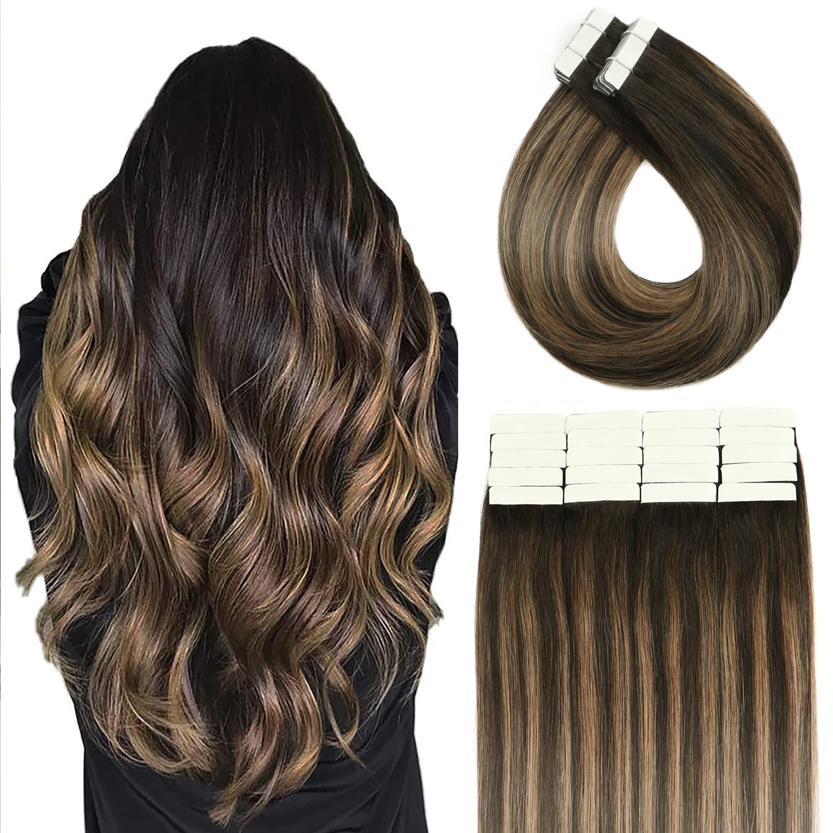 Ombre Black to Brown Tape-In Human Hair Extensions - 20pcs 22In 50g 100% Natural Silky Straight Hair for Women | Perfect for Daily Wear, Parties & Special Occasions
