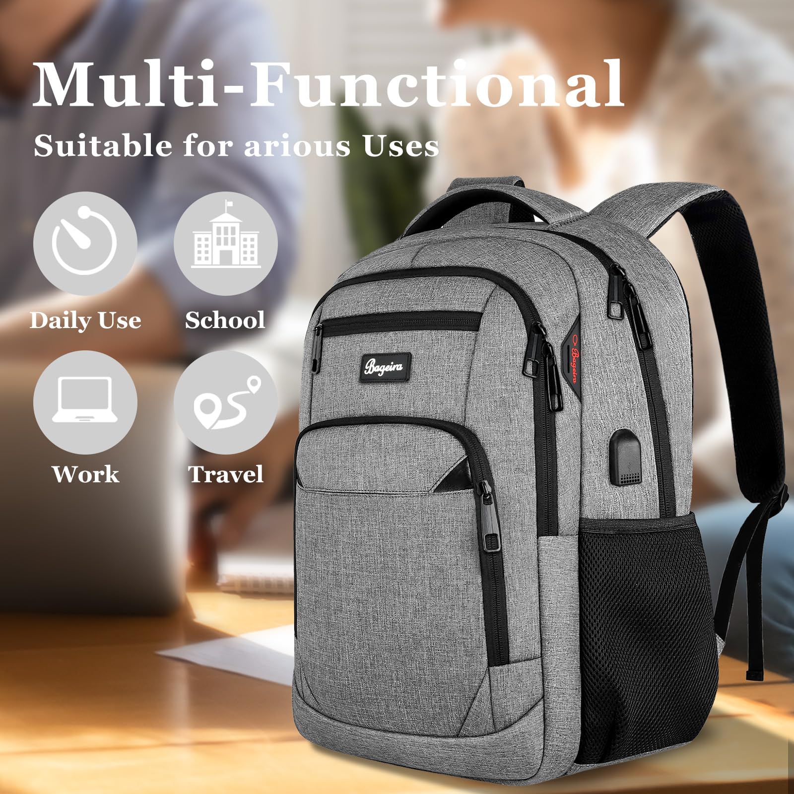 Durable 15.6 Inch Water Resistant Anti-Theft Laptop Backpack with USB Charging Port - Travel, School & Business Computer Bag for Men, Women & Teens - Perfect for College, High School, Commuting & Daily Use - Grey