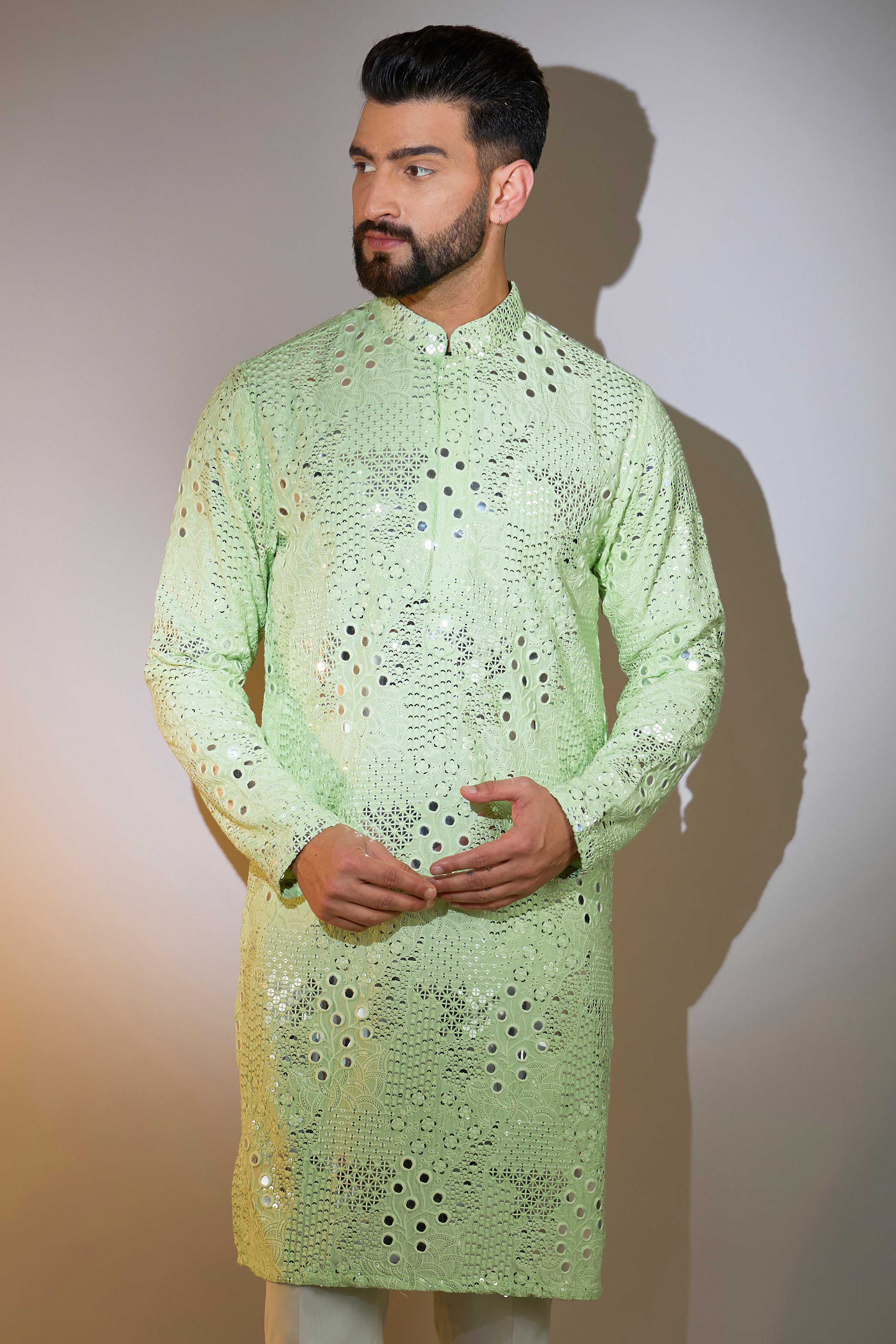 Pastel Green Mirror Work Kurta for Women - Elegant Embroidered Indian Tunic Top for Festivals, Weddings & Casual Wear