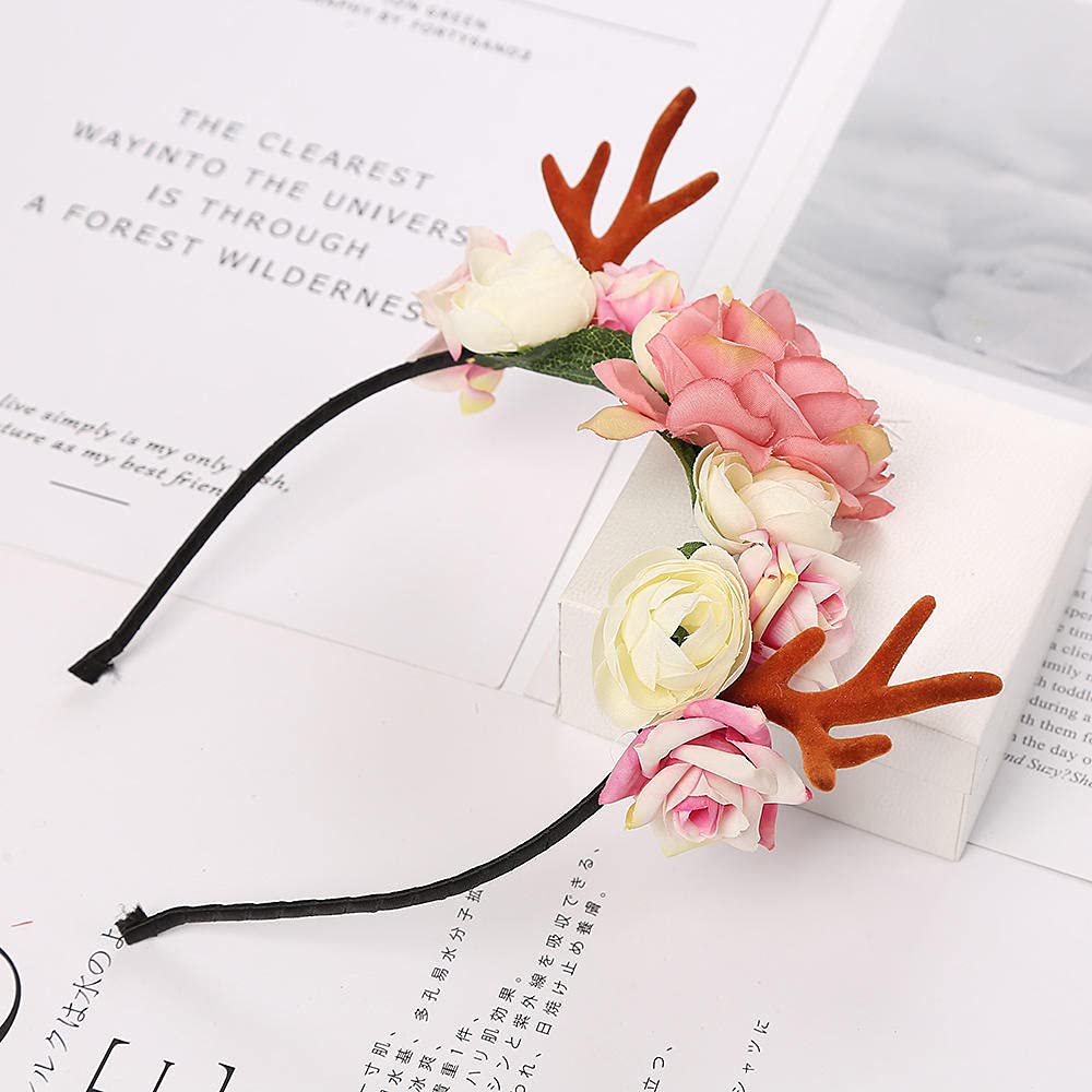Festive Christmas Headband with Floral Deer Antlers - Holiday Party Headpiece for Women & Girls - Perfect for Xmas Photos, Costumes & Festive Celebrations