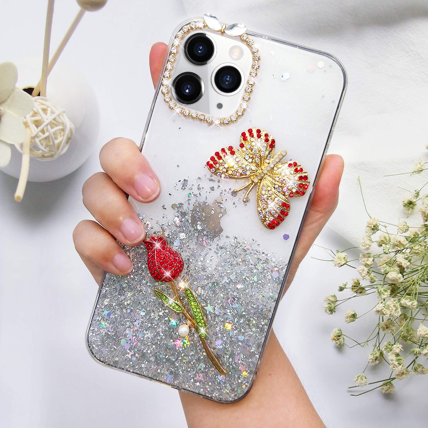 Luxury 3D Bling Glitter Rhinestone iPhone 12 Pro Case - Diamond Butterfly Flower Design, Sparkly Soft Silicone Protective Cover for Women & Girls (6.1