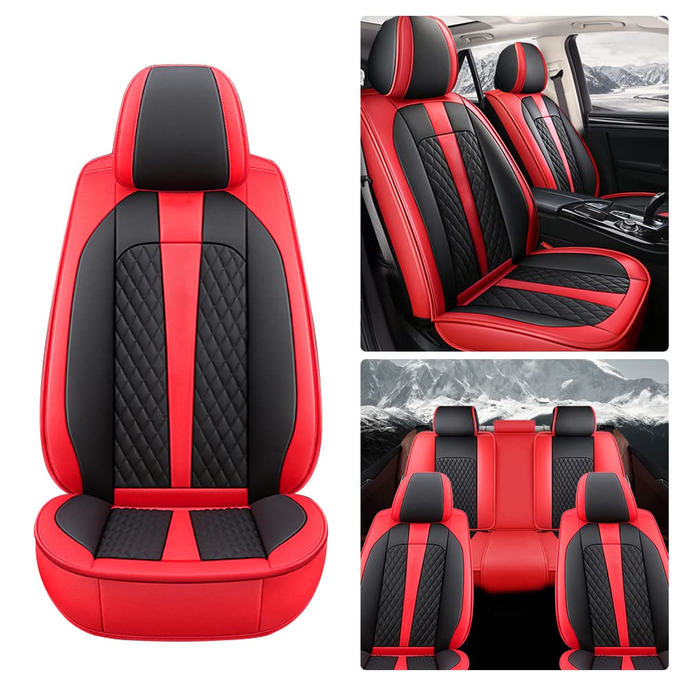 Premium Genuine Leather Car Seat Covers for Land Rover LR2 - Waterproof, Scratch-Resistant, Non-Slip Design with Airbag Compatibility (Full Set, Black/Red) - Perfect for Luxury Vehicle Protection & Style Enhancement