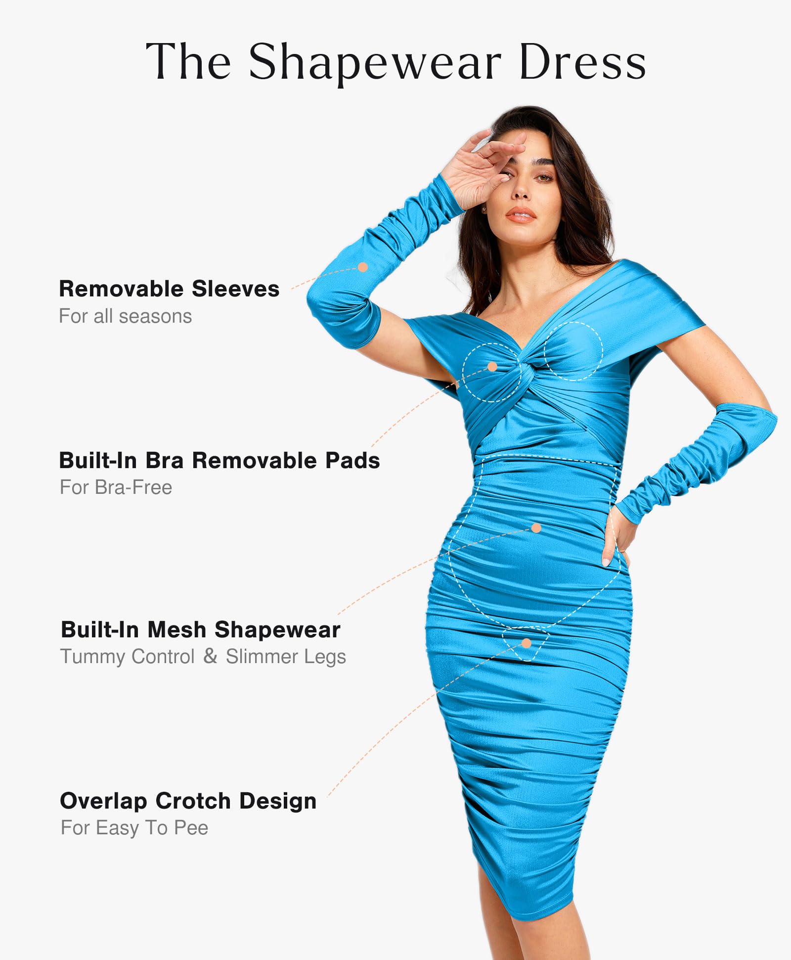 Popilush Shapewear Dress with Sleeves - Multi-Way Wear Off Shoulder Ruched Bodycon Cocktail Dress for Women | Slimming Party, Wedding & Evening Occasions