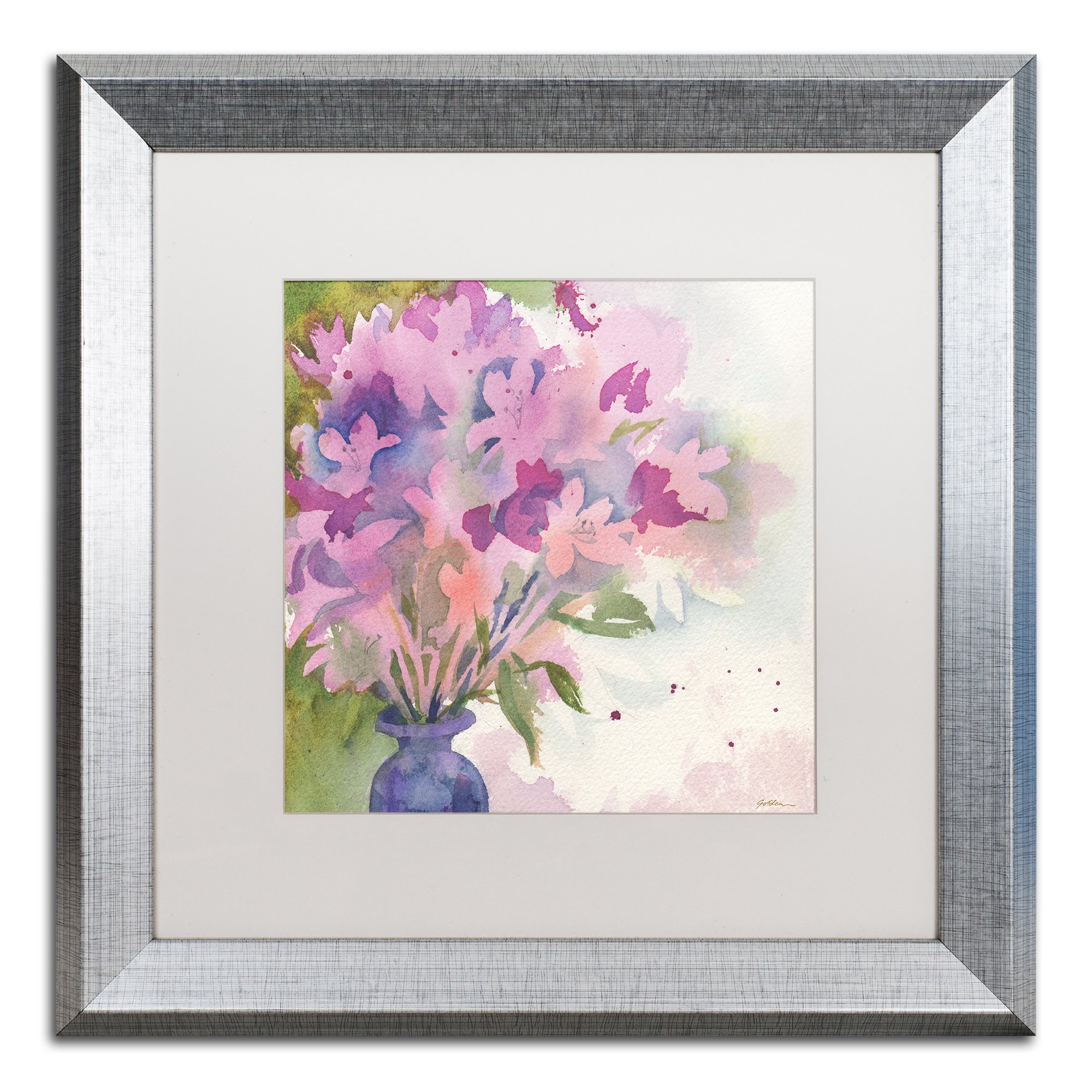 Trademark Fine Art Sheila Golden Magenta Blossoms in Blue Vase - 16x16 Inch White Matte with Silver Frame - Floral Wall Art for Living Room, Bedroom & Office Decor