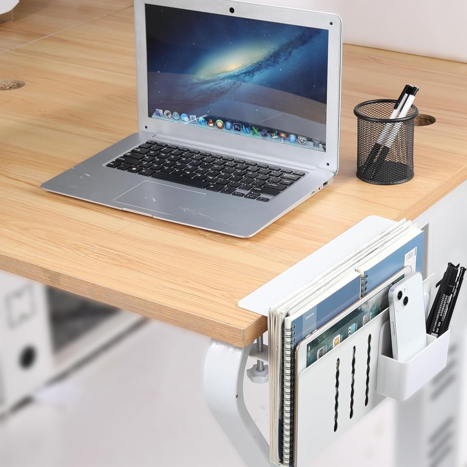 Under Desk Laptop Holder with Anti-Scratch Pad & Magnetic Pen Holder - No Drill Hanging Desk Organizer for Table (Fits 0.3
