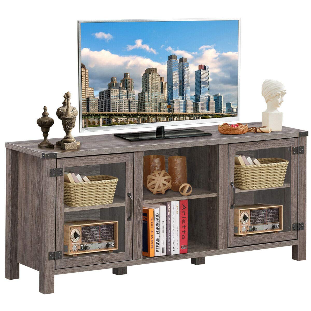 Modern TV Stand with 2-Tier Shelves & Large Cabinets - Entertainment Center for 65 Inch Flat Screen TV | Ample Storage Space, Cable Management & Wooden Legs | Perfect for Living Room, Home Theater & Family Entertainment Areas
