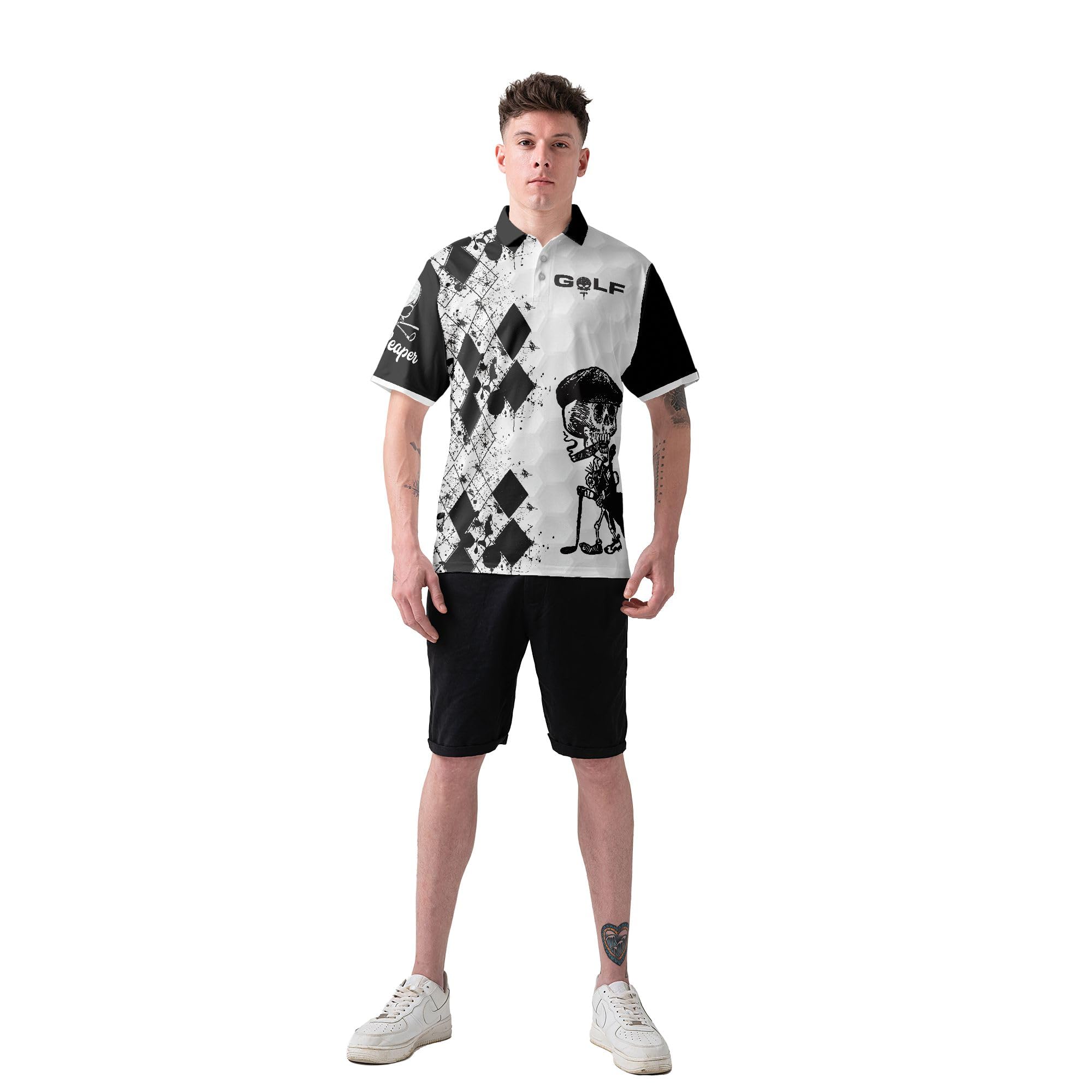 HYPERFAVOR Men's Black & White Skull Print Quick-Dry Golf Polo Shirt - Breathable Short Sleeve Performance Shirt for Golfing, Casual Wear & Outdoor Activities