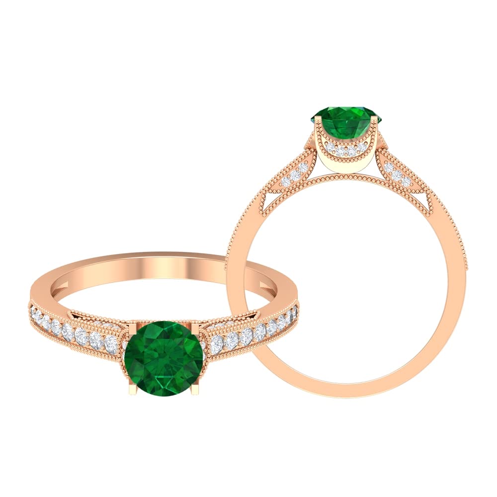 6MM Round Lab-Created Emerald Solitaire Ring - 1/4 CT D-VSSSI Moissanite Engagement Ring - 14K Solid Gold Beaded Engraved Band (AAAA Quality) - Perfect for Proposals, Anniversaries & Special Occasions