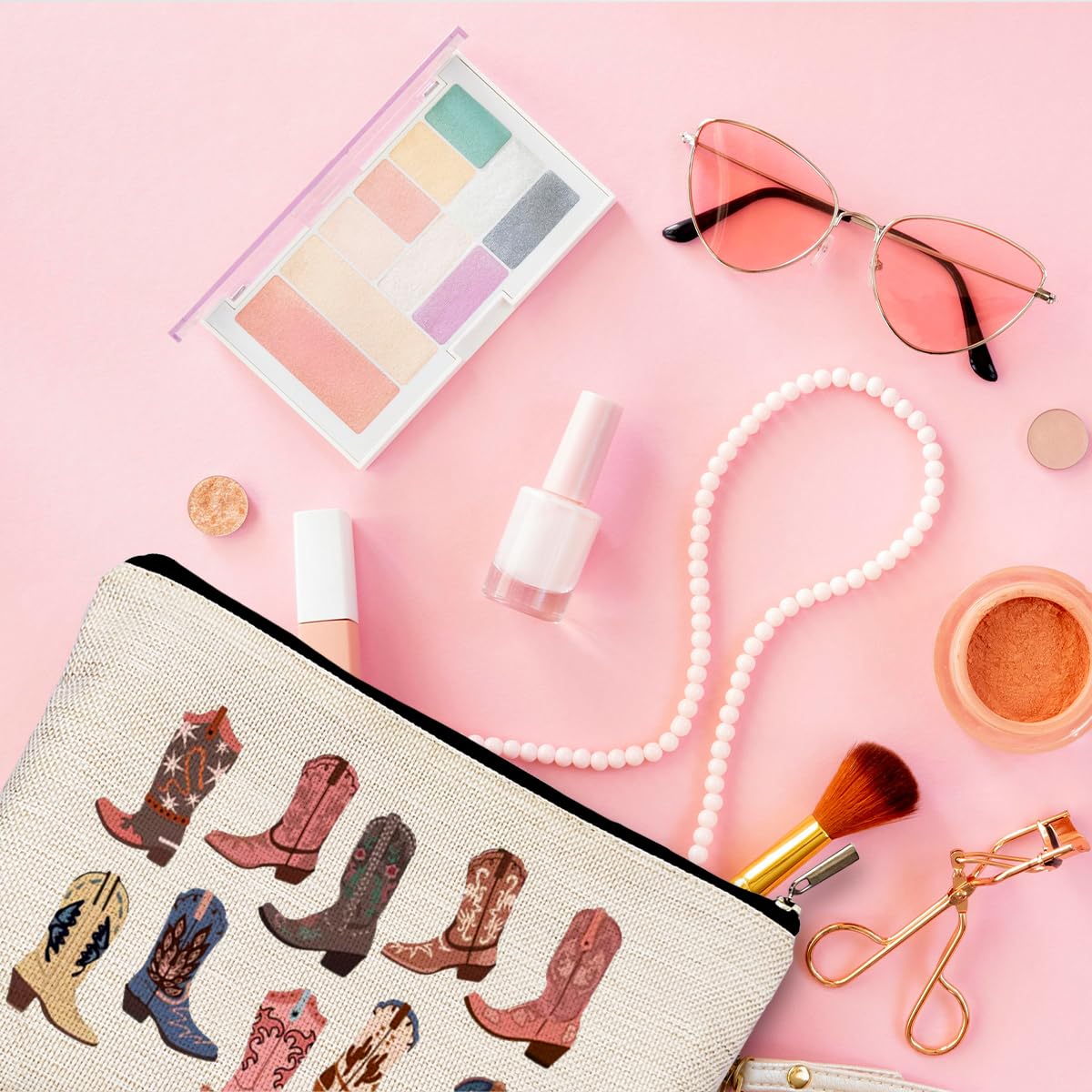 Western Makeup Bag - Cowgirl Gifts, Boho Cowboy Boots Cosmetic Pouch for Purse, Travel & Festival Essentials | Perfect for Country Concerts, Rodeos & Western Themed Parties